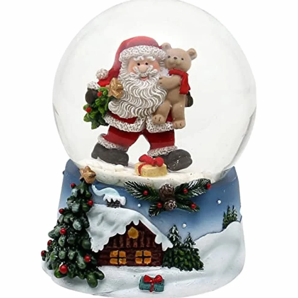 Dekohelden24 - Boule à Neige - Père Noël avec Ours - sur Socle Bleu avec Paysage d'hiver de Noël - Dimensions de la Boule (H x l) : Environ 9 x 7 cm - Diamètre : 6,5 cm 501865 - Sac