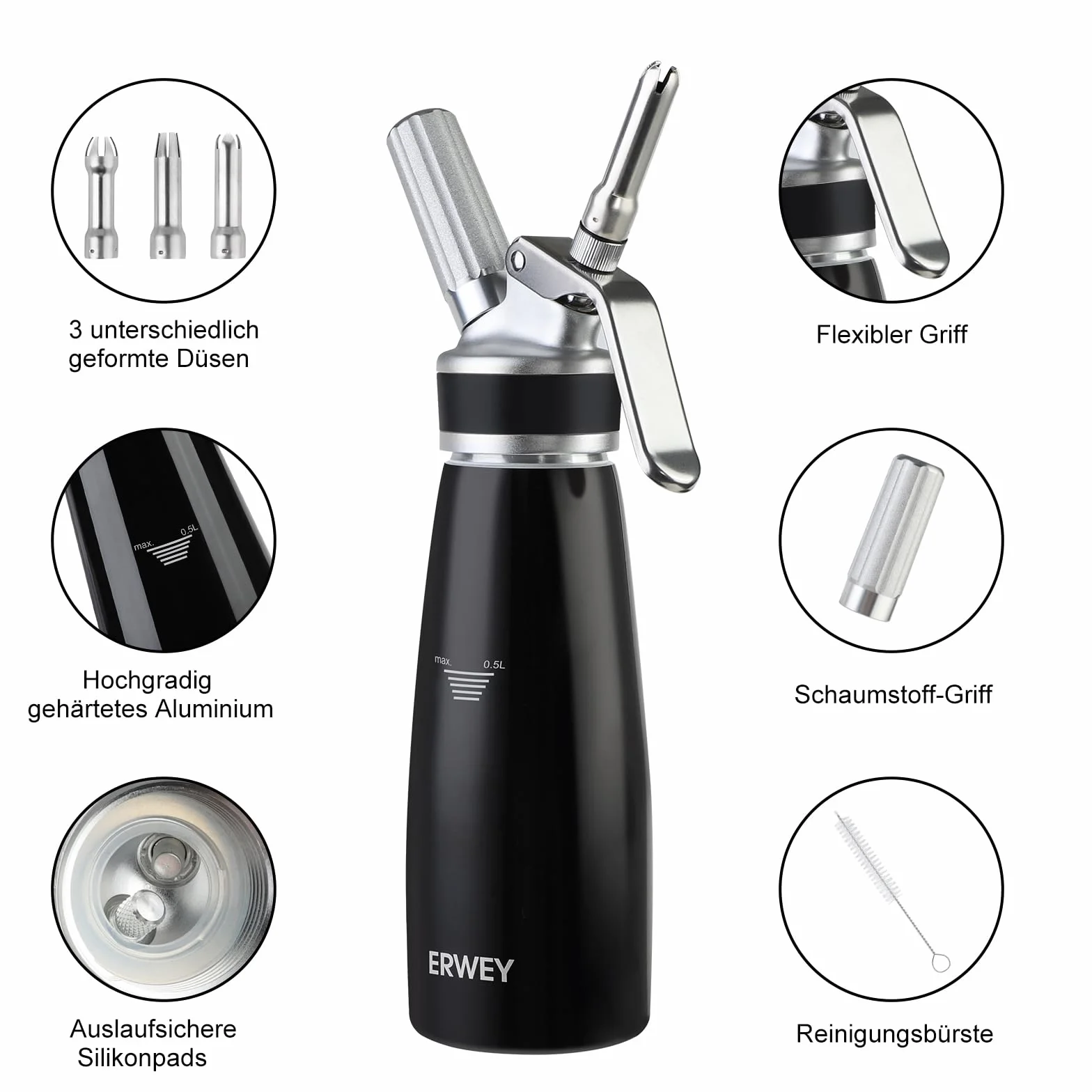 ERWEY Siphon Chantilly 500ml, Siphon à Chantilly en Aluminium, Siphons de Cuisine avec 3 Douilles et 1 Brosse de Nettoyage, Siphon de Chantilly pour Décoration Patisserie et Desserts (Noir)