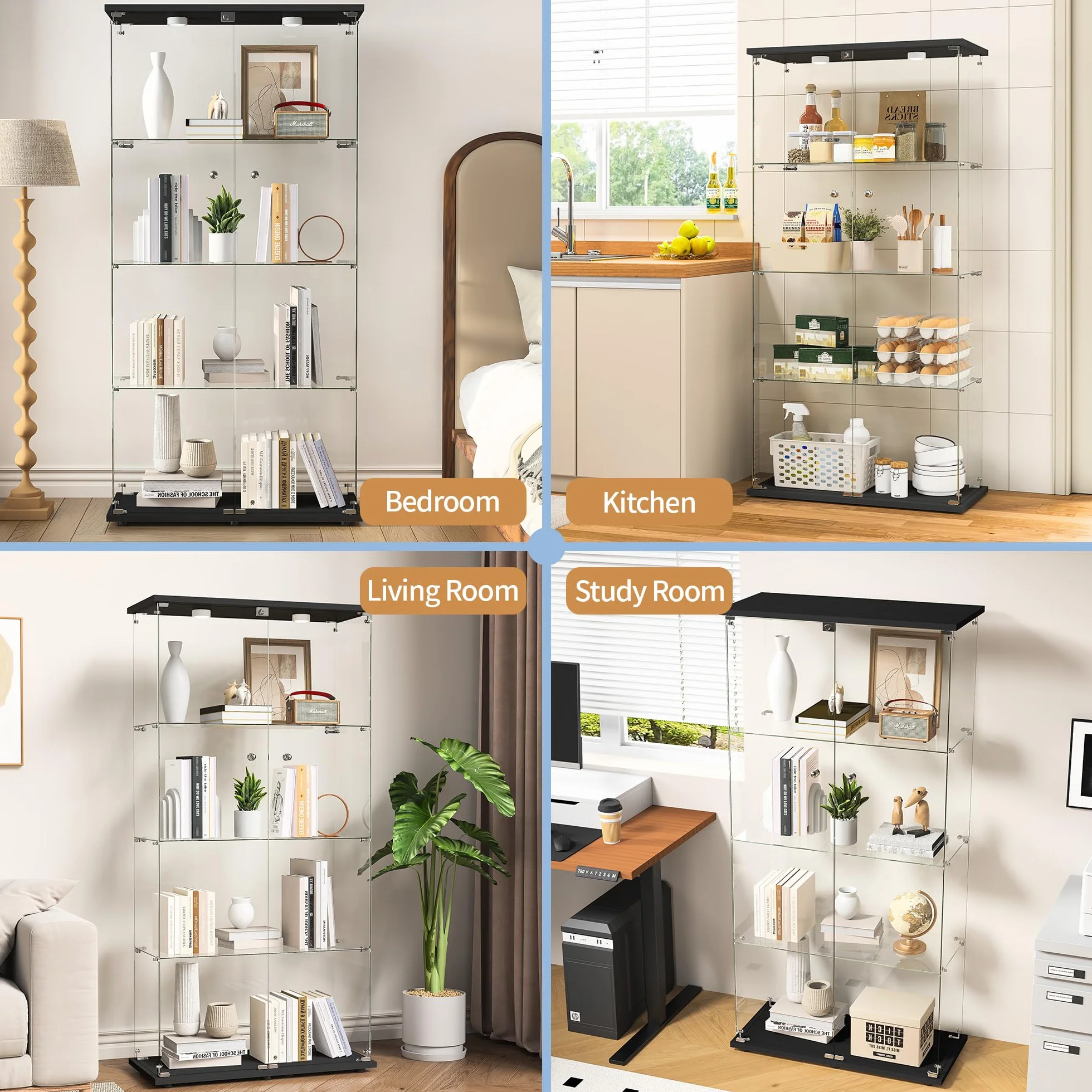 Vitrine en Verre avec LED 164x80.5x36.5cm, Armoire de Collection avec 2 Portes et 4 étagères en Serrure, Transparent pour Le Bar, Curio, Salon, Noir