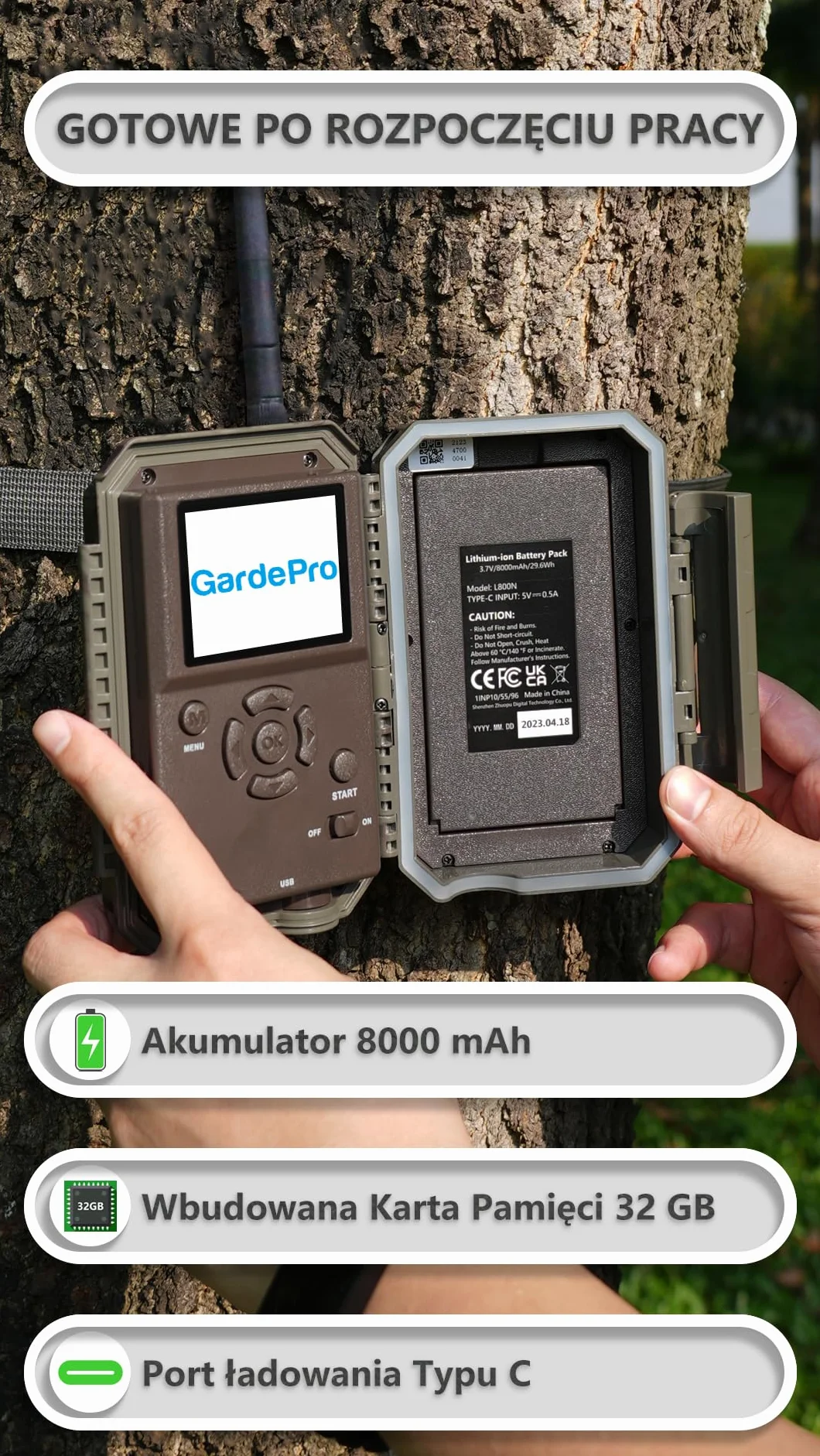 GardePro E8P Max Kamera Myśliwska WiFi, 64MP 1296P, 0.1s Szybki Wyzwalacz, Czujnik Ruchu, Wbudowana Karta SD, Ładowalna Bateria 8000mAh, Przesyłanie na Urządzenia Mobilne