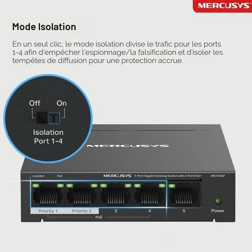 Mercusys TP-Link MS105GP Switch PoE+ 5 ports Gigabit, 4 ports PoE+, 65W, Boitier Métal