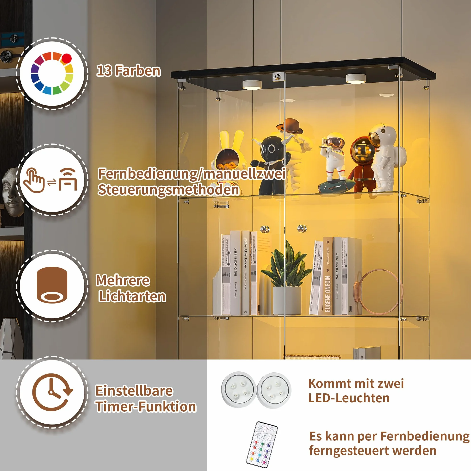 Vitrine en Verre avec LED 164x80.5x36.5cm, Armoire de Collection avec 2 Portes et 4 étagères en Serrure, Transparent pour Le Bar, Curio, Salon, Noir