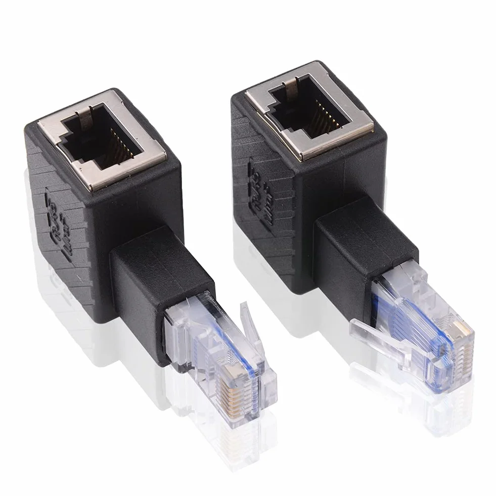 2 adaptery Ethernet 90 stopni, prawy i lewy kątowy, wtyczka RJ45 na gniazdo, adapter, ekranowany, złącze sieciowe, kompatybilne z Cat5 Cat6
