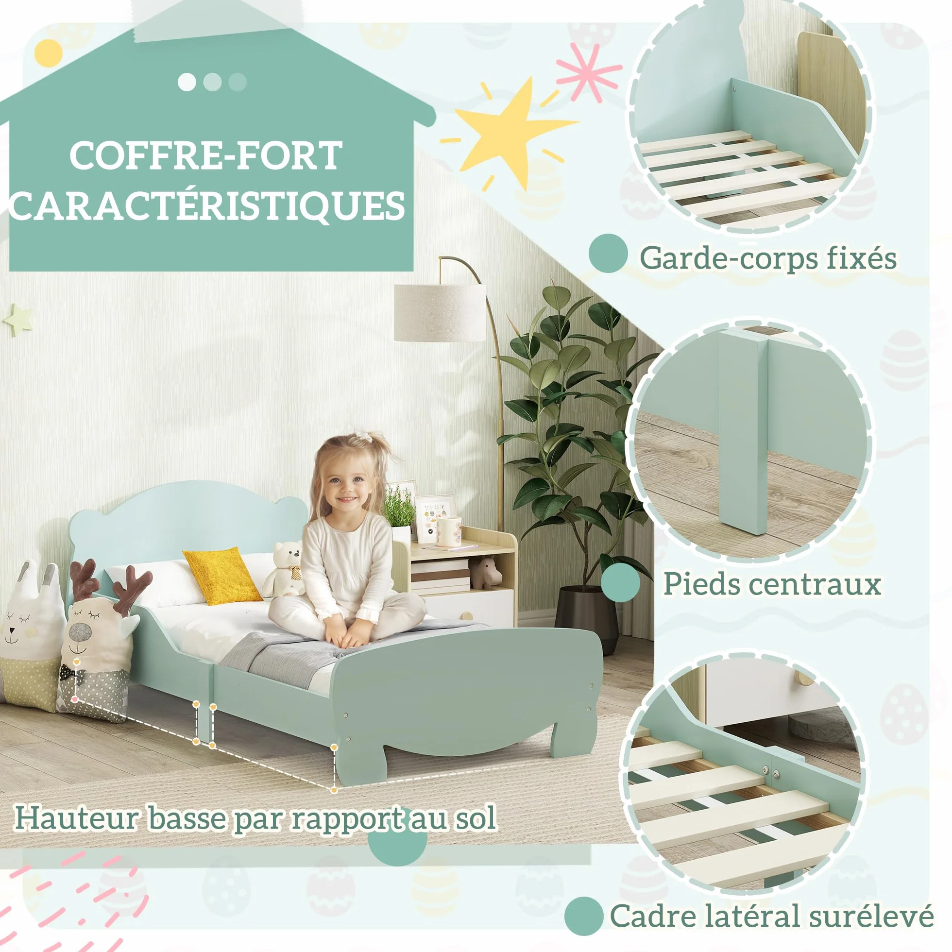 AIYAPLAY Lit Enfant lit au Sol Enfant 70x140 cm avec barrière de sécurité, sommier à Lattes Inclus et décorations d'ours, pour garçons et Filles de 3 à 6 Ans - Vert