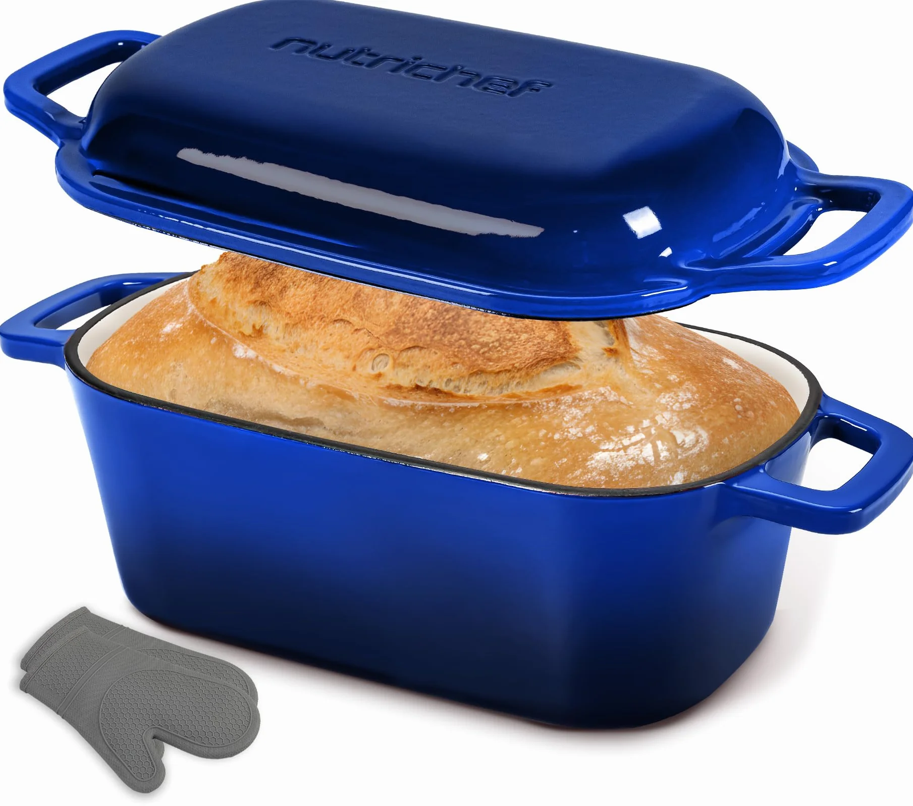 NutriChef Moule à Pain en Fonte Émaillée avec Couvercle – Cocotte Ovale Dutch Oven 2,7 L pour Pain au Levain, Pain Artisanal, Cuisson Vapeur, Rôtir, Mijoter, Four 260 °C, Gants Silicone