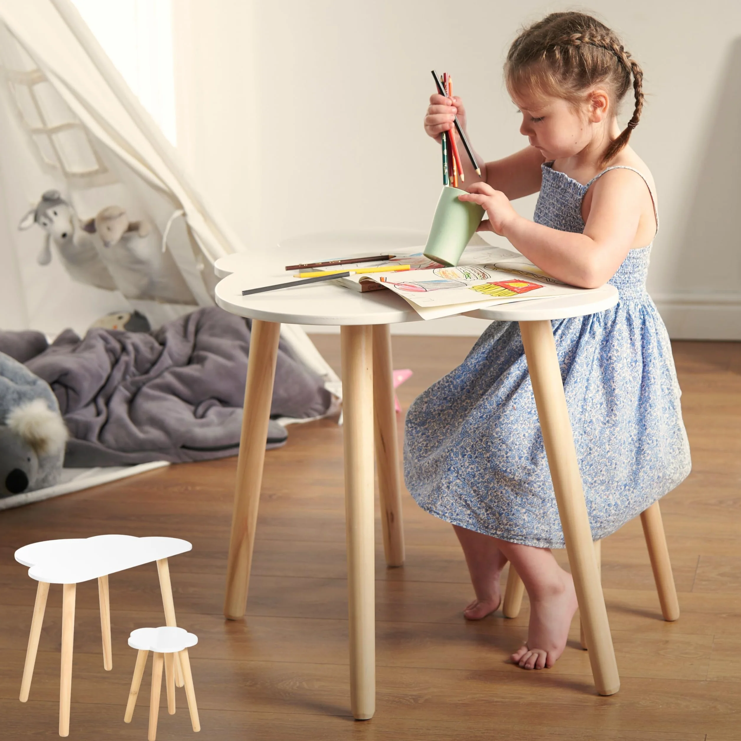Haus Projekt Bureau pour Enfants et Tabouret en Forme de Nuage (4-8 Ans), Pupitre D'étude en Bois avec Tabouret, Meubles, Table D'activité/d'art en Bois