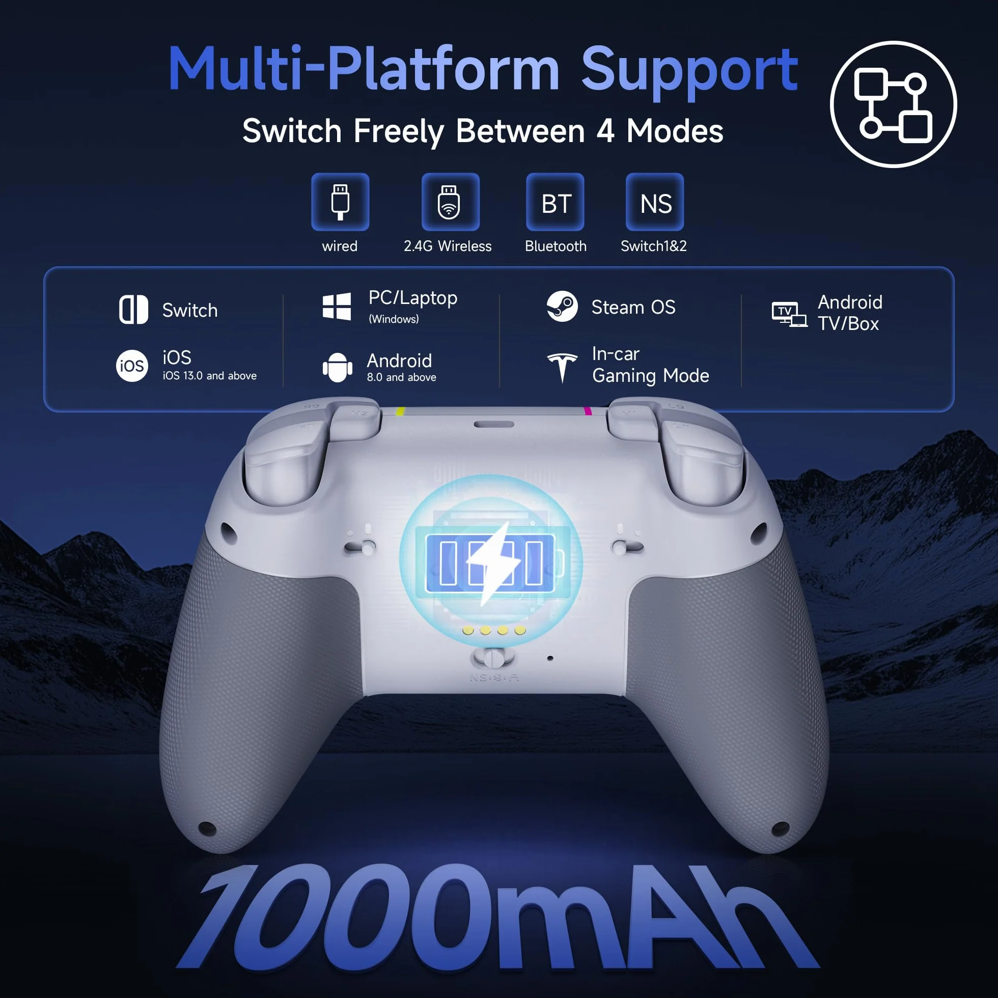 EasySMX Bezprzewodowy kontroler PC z RGB/dwupoziomowe wyzwalacze halowe/joystick hall/ciche przyciski, kontroler X05PRO do PC/Switch/Android/iOS/Steam/Android TV Box, 1000 mAh, biały