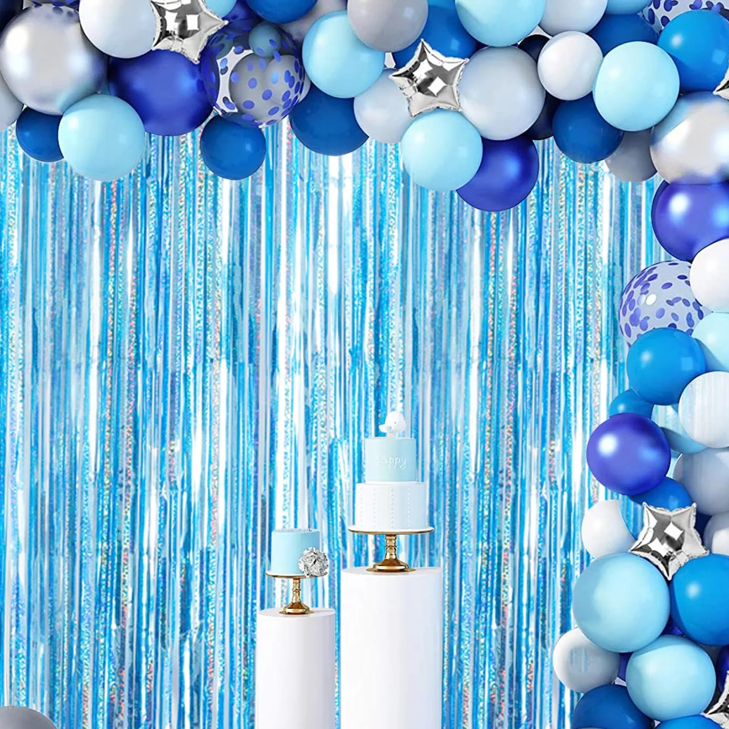 Lot de 2 rideaux à franges en feuille d'aluminium bleu pailleté pour fête, mariage, décoration de cérémonie