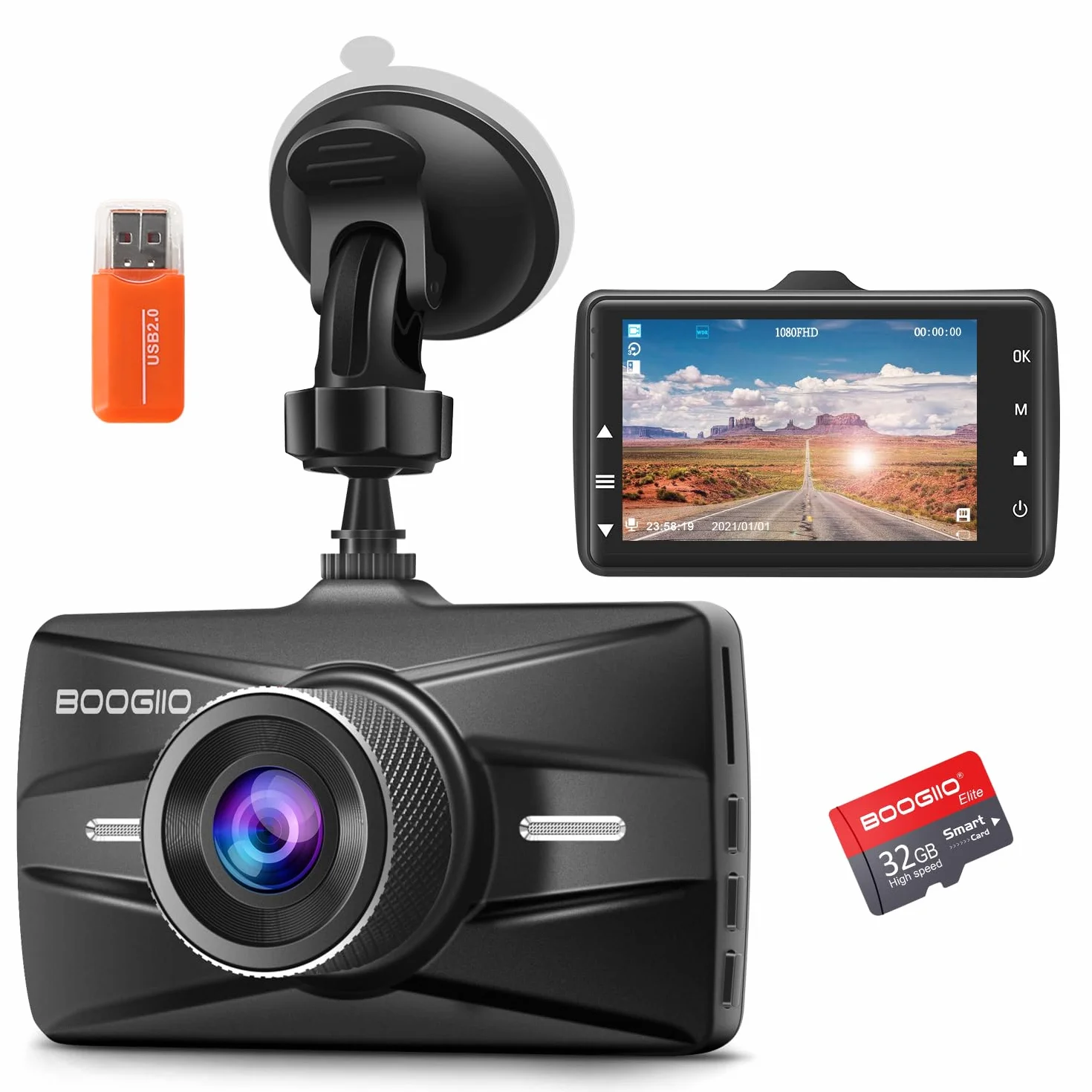 Kamera przednia z 32G SD Card, BOOGIIO 1080P FHD Car Driving Recorder 3'' IPS Screen 170°Wide Angle Dashboard Camera Aluminium, obudowa ze stopu aluminium, WDR G-Sensor Parking Monitor pętli