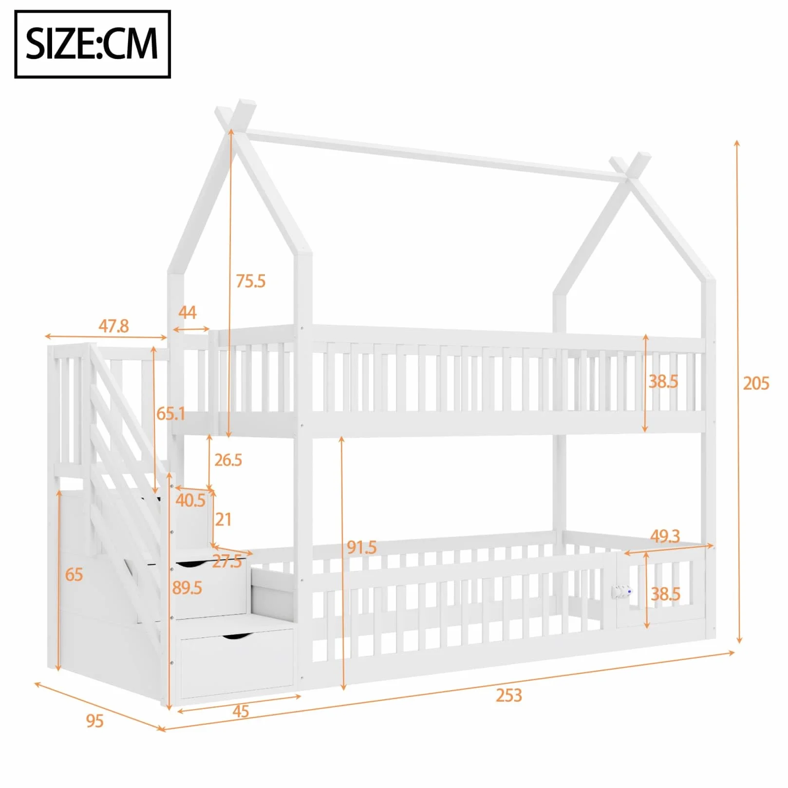 Lit Superposé Enfant 90x200 avec Échelle de Rangement,Porte,Haute Barrière de lit,Lit Cabane Enfant avec Sommier à Lattes Solide,pour Enfants Adolescents(B-Blanc, 90x200)