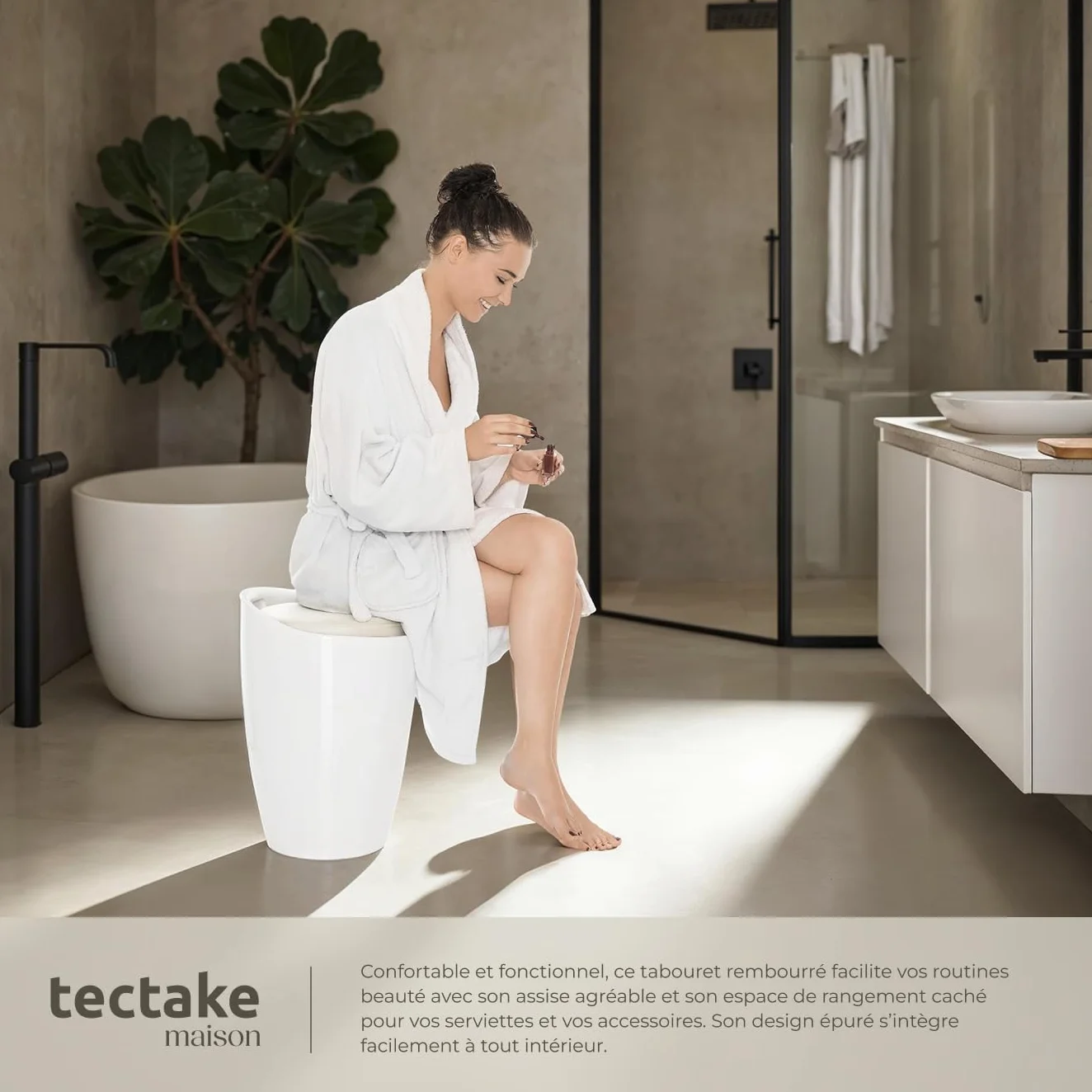 tectake® Tabouret Salle de Bain Panier à Linge 2en1, Ø 36 x 51 cm, Capacité 18 L, Coussin d'assise 5 cm Amovible, Meuble Salle de Bain Coffre Rangement Tabouret Coffre Rangement Bac a Linge, Blanc