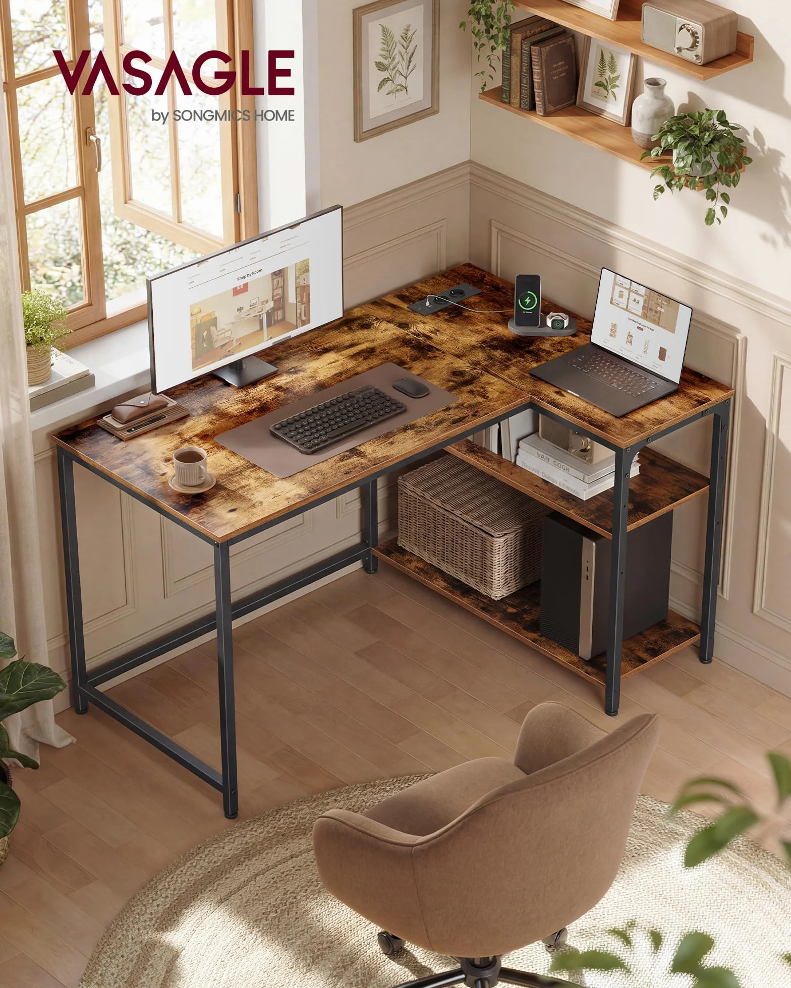 VASAGLE Bureau Gaming en L avec Rangement, Prises et Ports USB, 110 x 80 cm, Marron Rustique