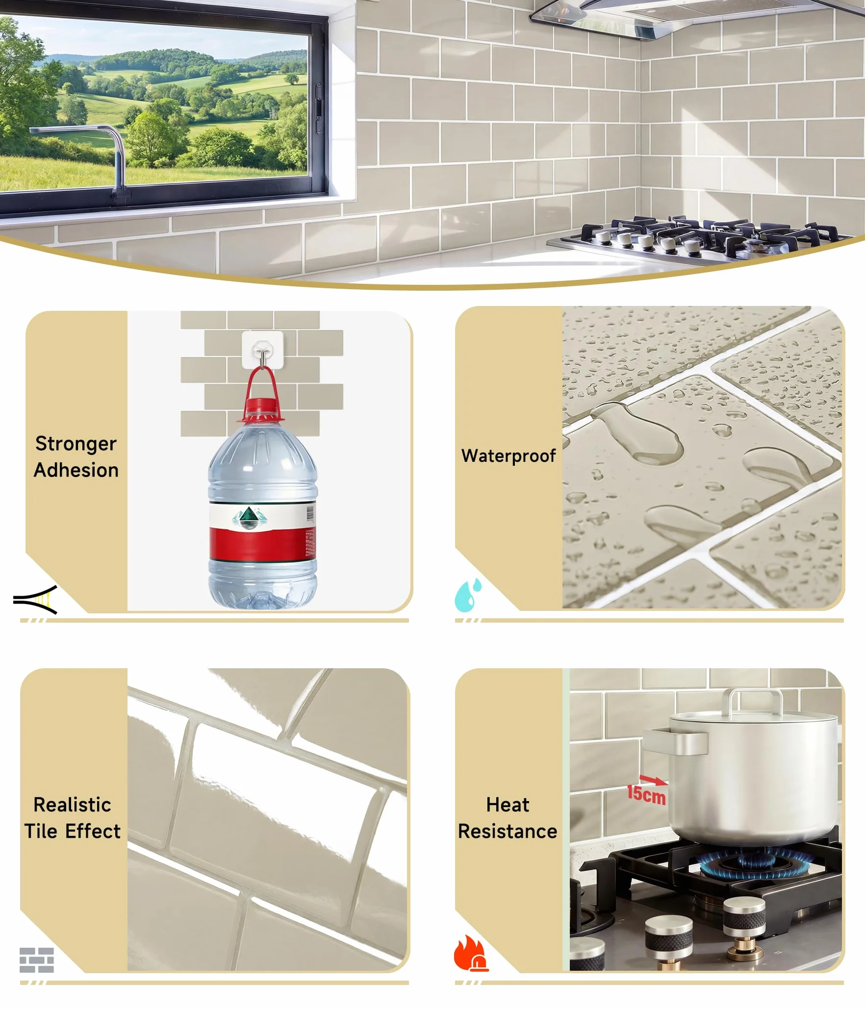 Faux Carrelage Adhésif Mural Crédence Style Métro Beige 3D 10 Pièces Cuisine Salle de Bain