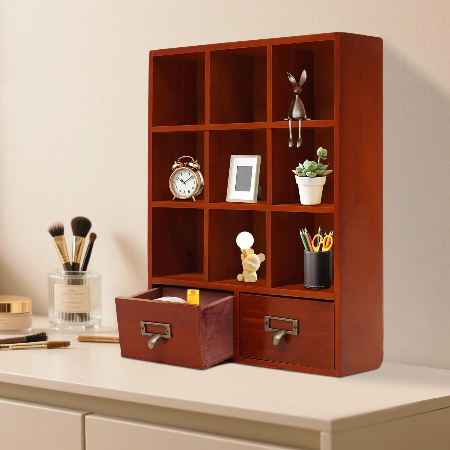 Vitrine en bois avec 9 compartiments et 2 tiroirs, vitrine suspendue pour collectionneur, vitrine vintage pour salon, bureau, chambre à coucher
