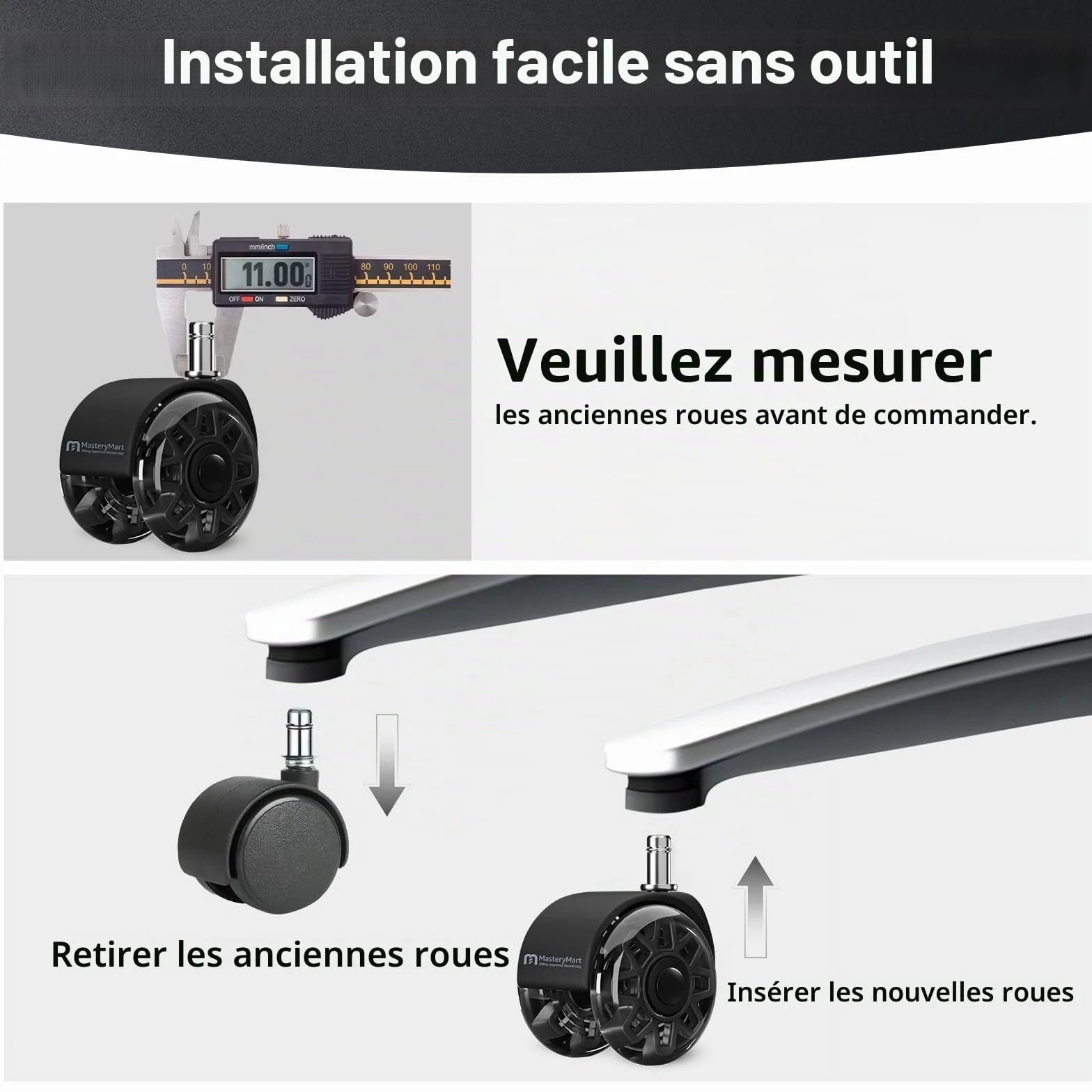 Mastery Mart Lot de 5 roulettes pour chaises de bureau, 11 mm, hauteur 70 mm, pour sols durs, chaise de bureau, parquet, convient pour 98 % des roulettes de chaise, ne convient pas pour 1KEA, noires