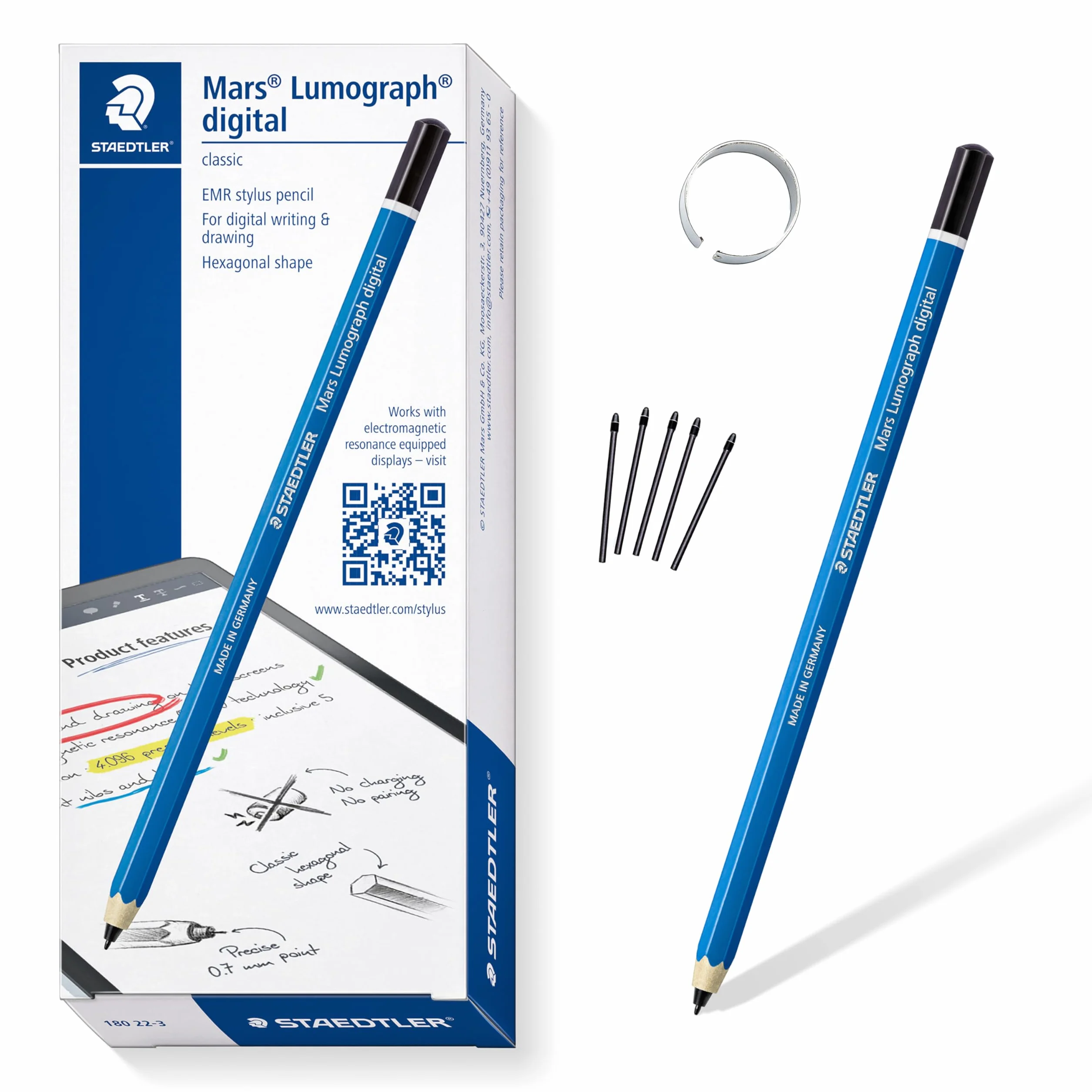 Staedtler Mars Lumograph digital classic 180 22. EMR rysik do cyfrowego pisania i rysowania na ekranach dotykowych EMR (klasyczny kształt sześciokątny, 4096 stopni nacisku, cienka końcówka 0,7 mm)