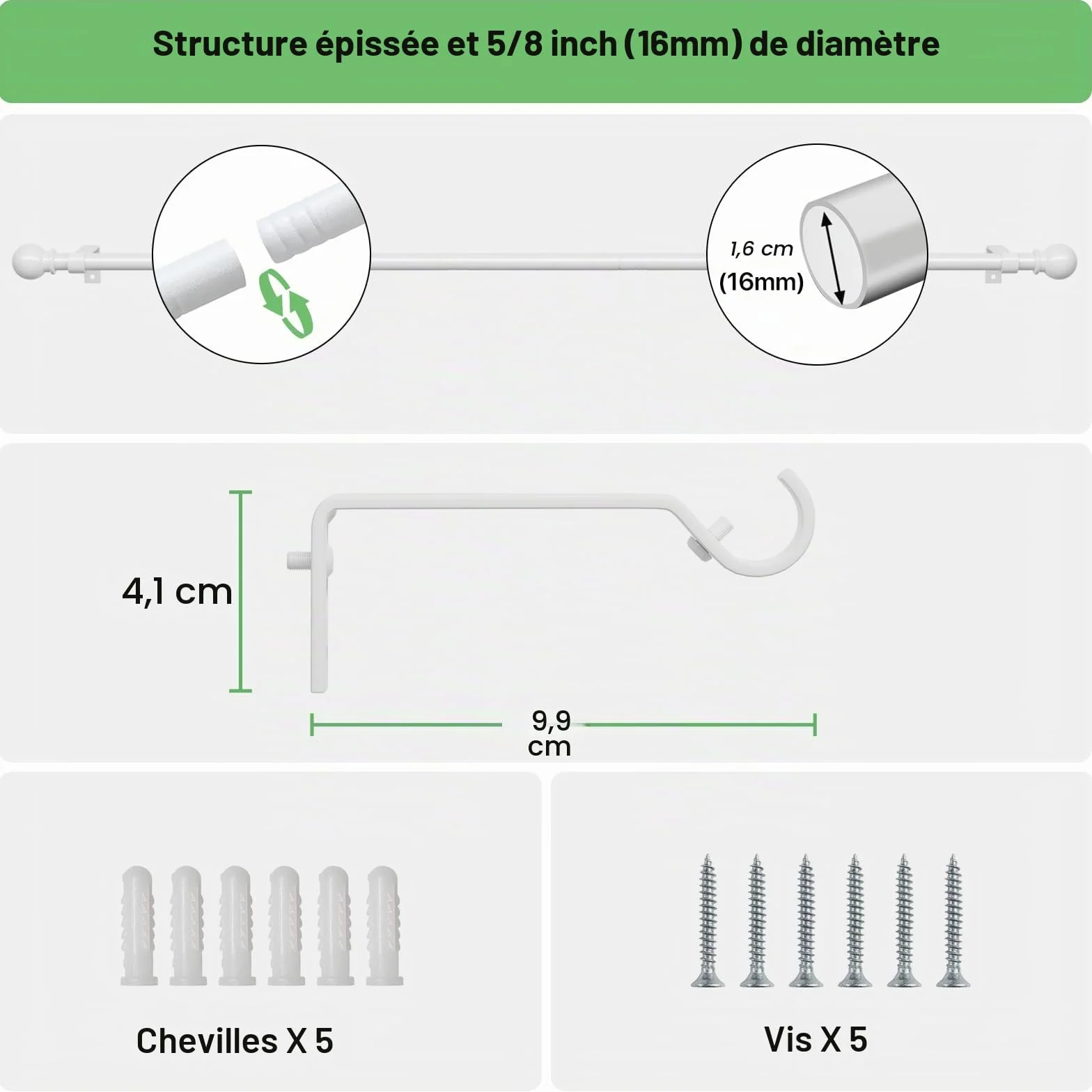 Tringle Rideau Blanche 80-157 cm Ajustable Kit Tringle à Rideau Extensible Métal 16mm