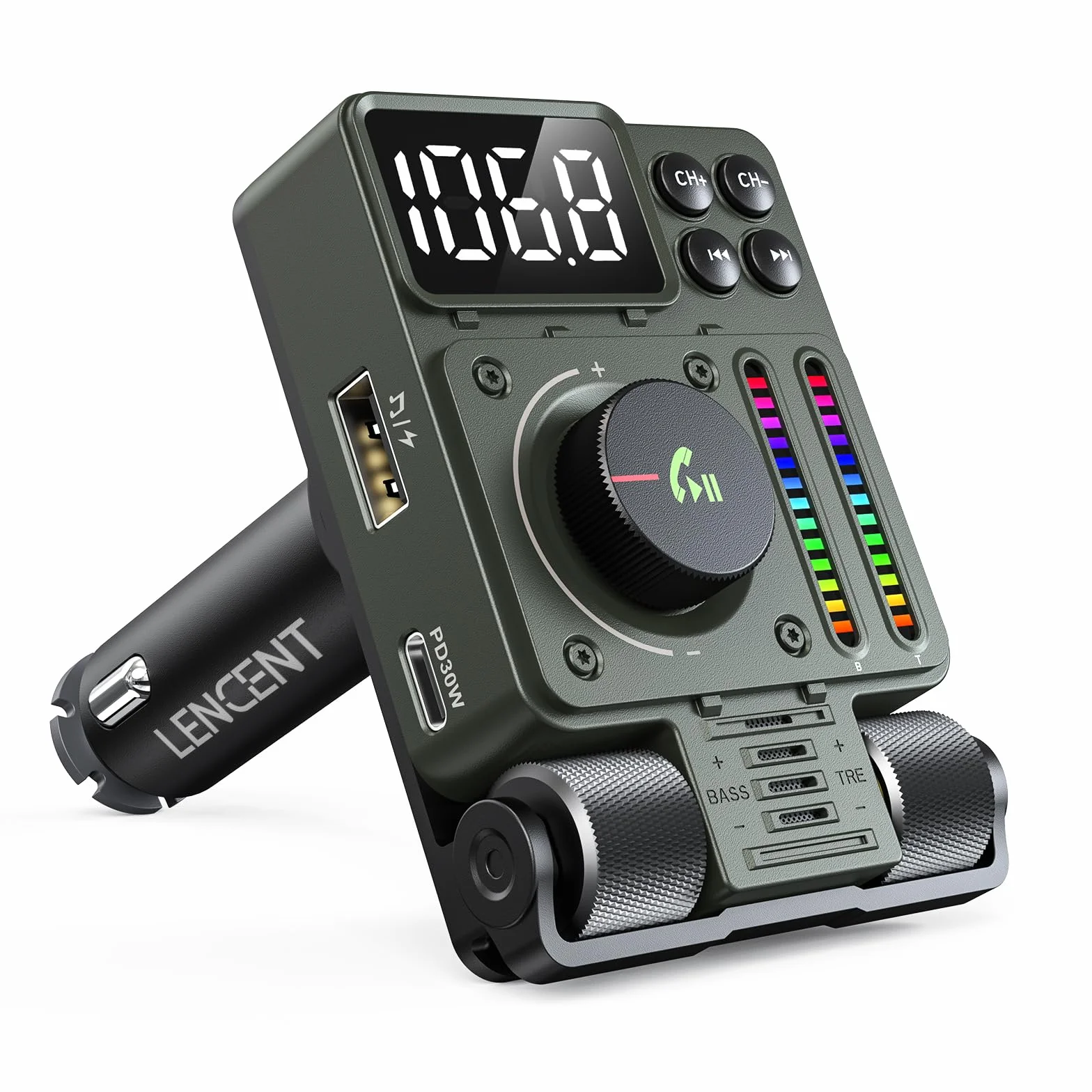 LENCENT 5.3 Samochodu Nadajnik FM Bluetooth, Adapter Bluetooth z Typ C PD 30W ładowarka Fast USB do Rozmów w Szybkiego ładowania Zapalniczki Samochodowej, Zestaw Głośnomówiący, Siri Google Assistant