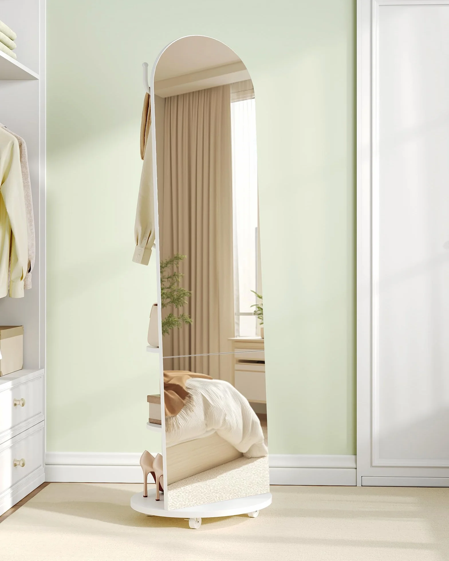 Miroir sur Pied 163 x 45 cm avec Roues Pivotantes et Porte-Manteau, Verre Trempé Blanc