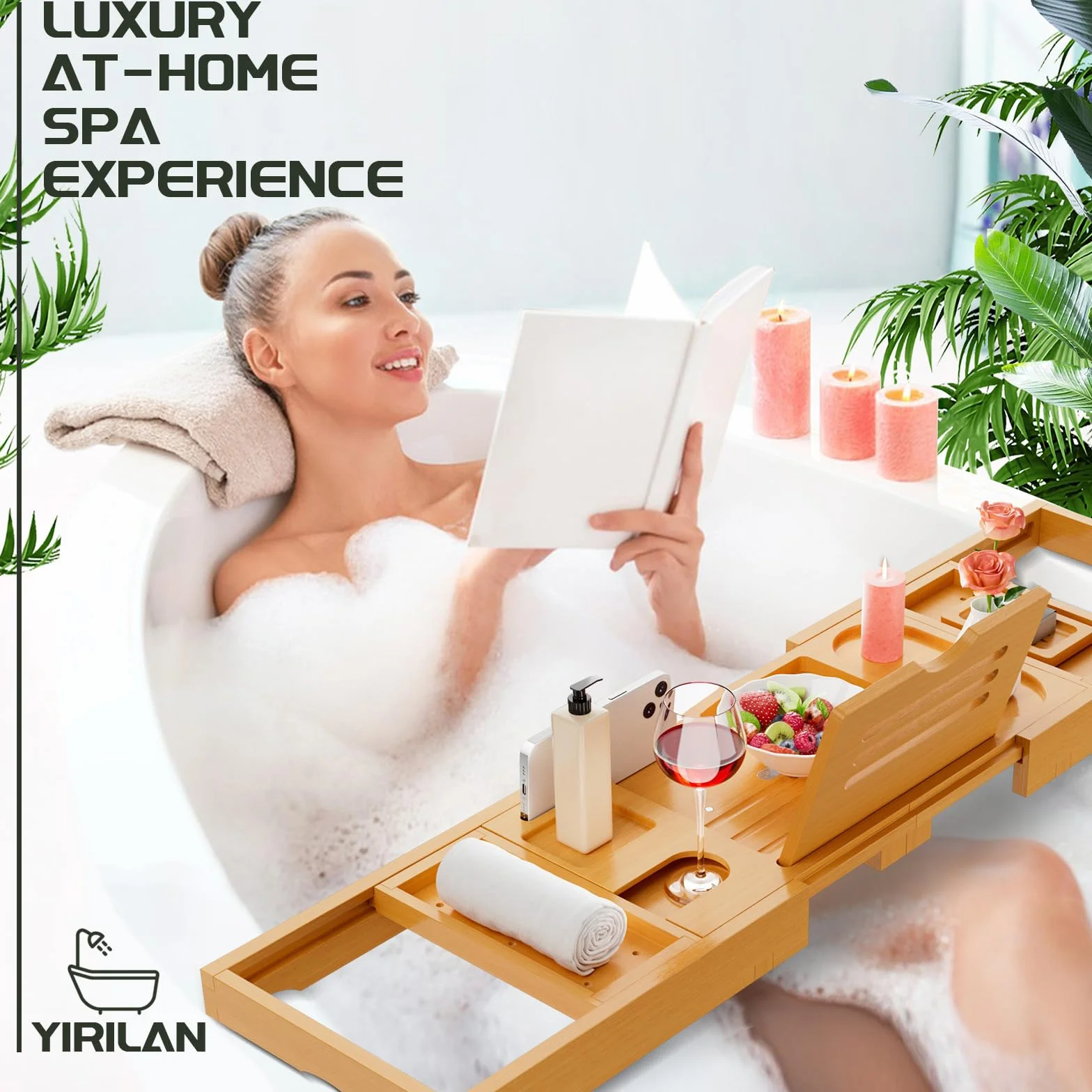 Plateau de baignoire en bambou pliable 100 cm réglable avec serre-livres porte-savon