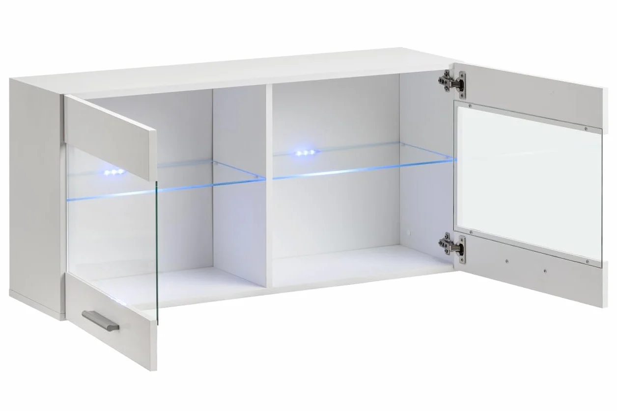 Komodee, Vitrine Armoire Savona, Blanc Blanc, Largeur 100 cm x Hauteur 50 cm x Profondeur 30 cm, LED Bleues, 2 étagères, pour Salon, Chambre, Entrée, Cuisine