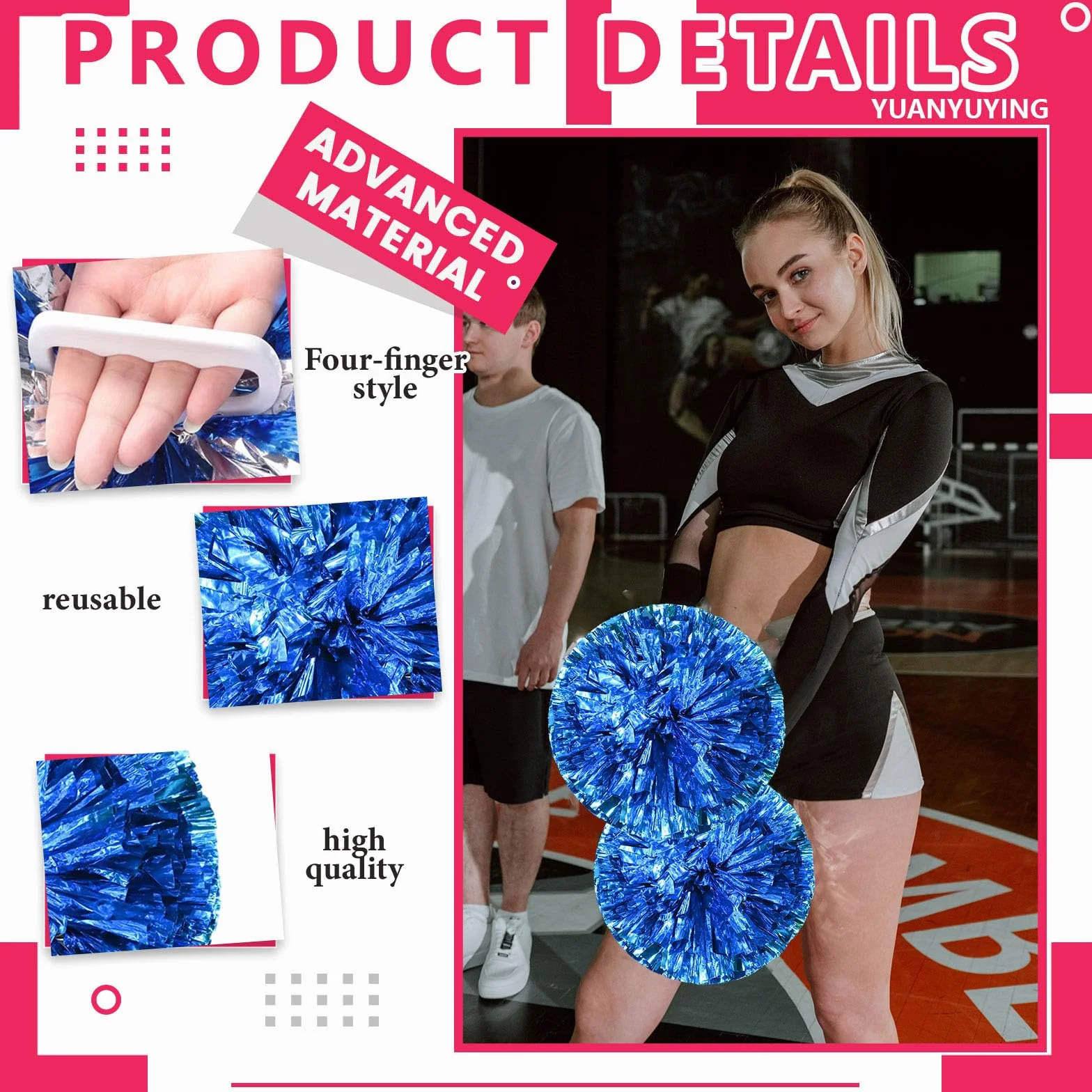 Lot de 8 Pompons de Cheerleading, avec système de Fixation à Quatre Doigts, Parfaits pour Encourager Les équipes Sportives, la Danse et Les Supporters.