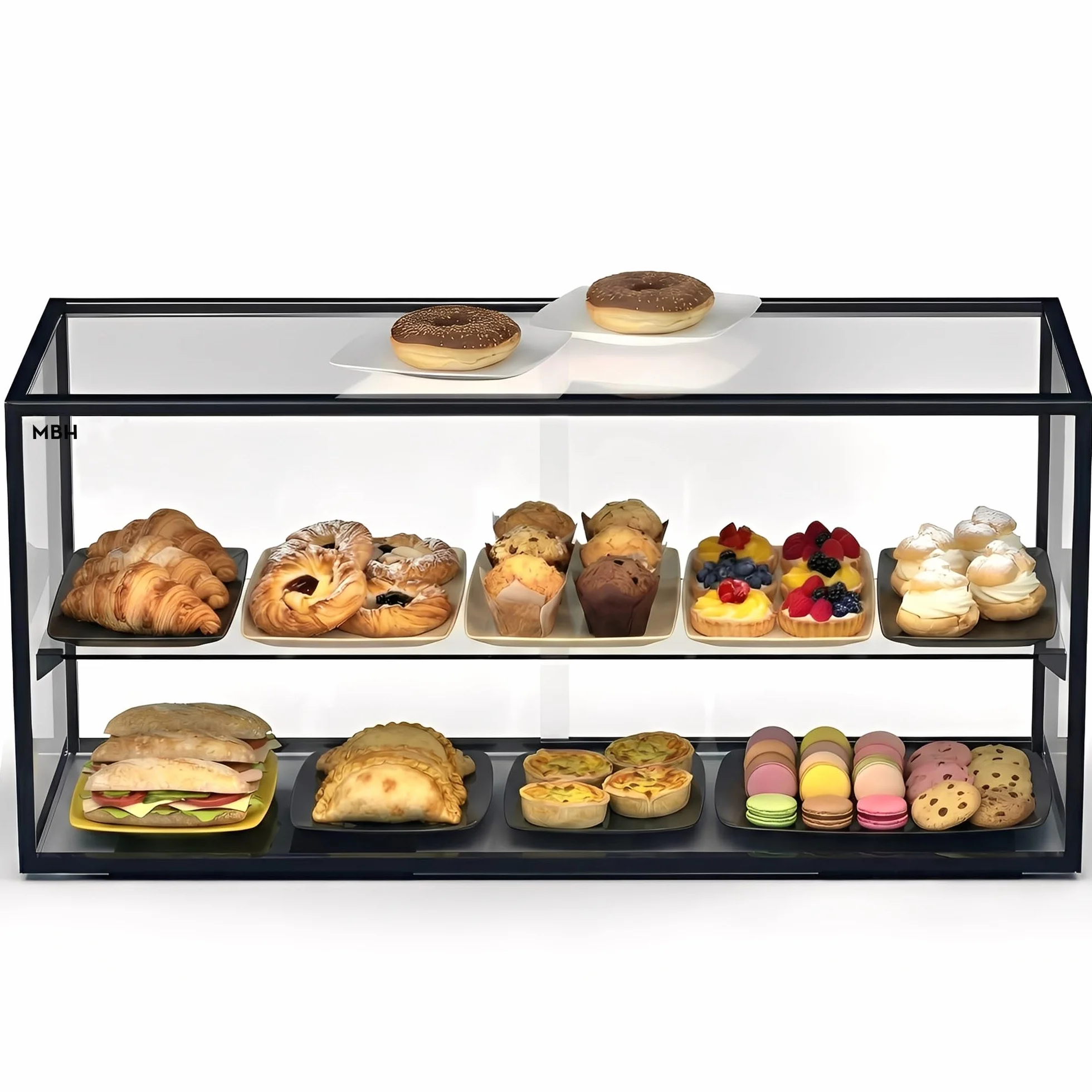 MBH - Vitrine neutre de comptoir 92x39 cm, vitrage droit trempé, 2 niveaux, sans éclairage LED, portes arrière coulissantes, pour bar, café, restaurant, viennoiseries et pâtisserie.