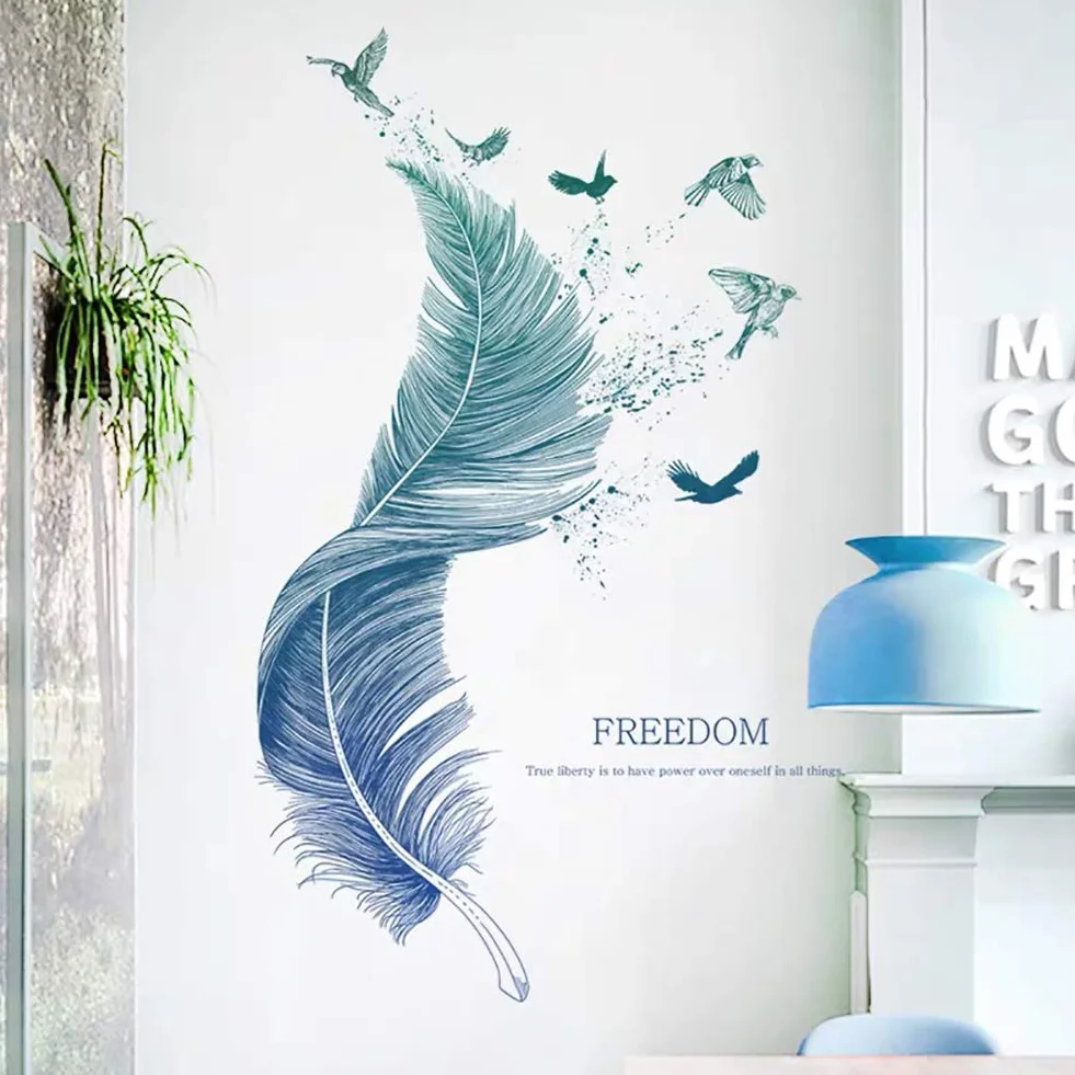 Stickers Muraux Plume Bleu Moderne 124×72 cm Autocollant Mural Décoration Salon Chambre