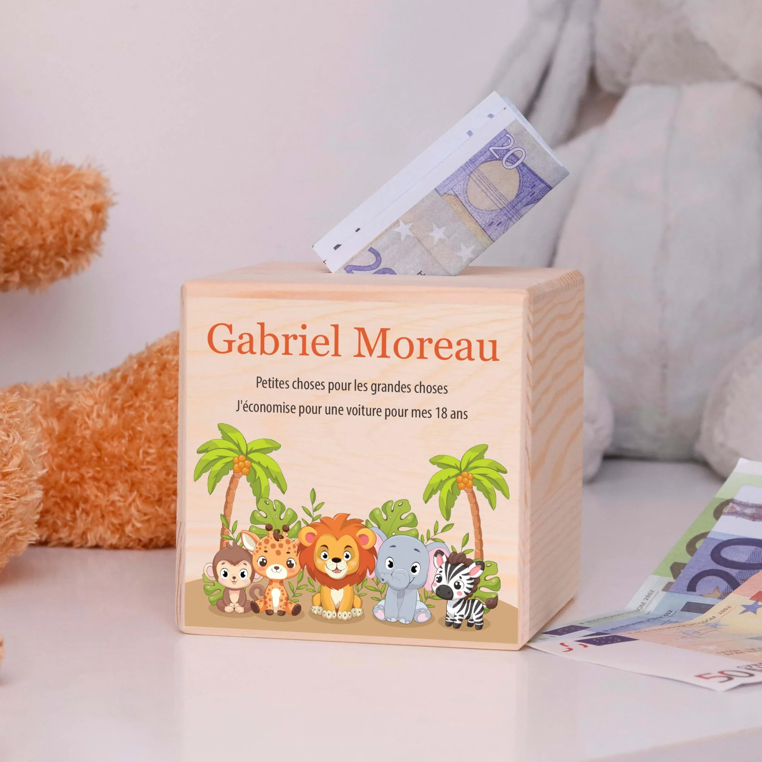 Tirelire Enfant personnalisée avec prénom, Tirelire en Bois - Cadeau personnalisé Baptême, Communion, Confirmation, Anniversaire, Filles & Garçons, Safari