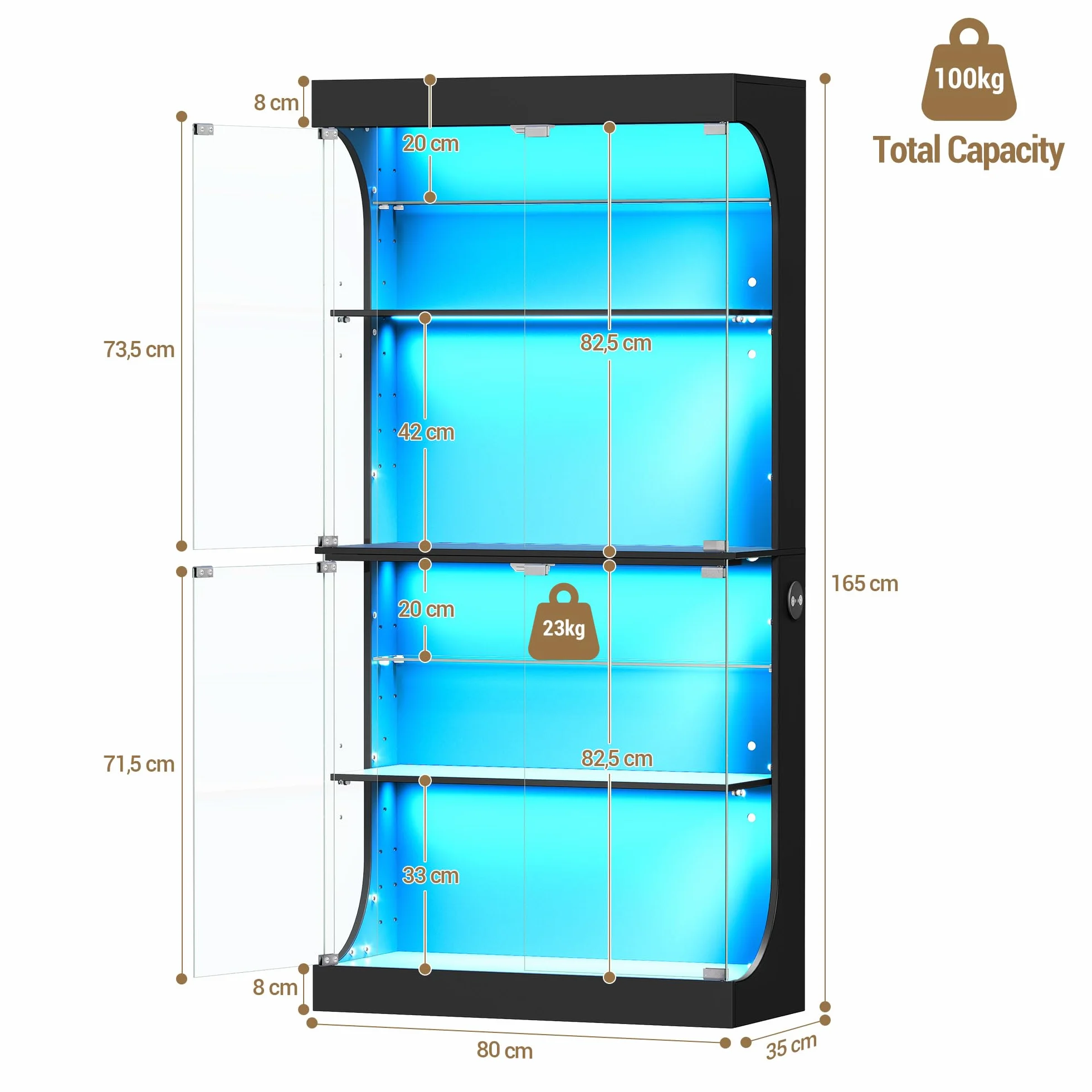 Hzuaneri Vitrine avec Portes Vitrées, Étagère à Jouets, avec Capteurs Intelligents, RGB Réglable, Vitrine 6 Niveaux, Bureau, Salon, Chambre, Noir, 35 x 80 x 165 cm, DC00206XEU