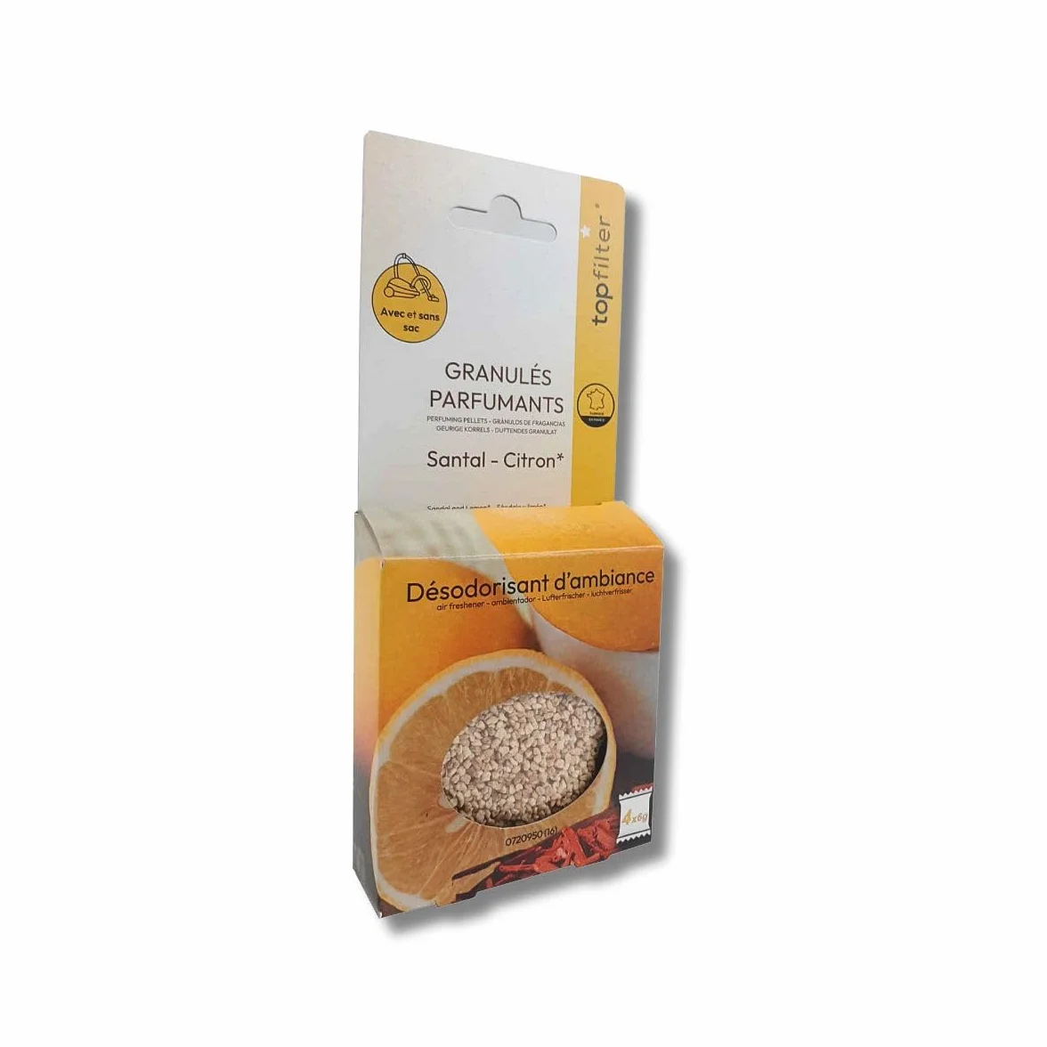 Lot de 4 sachets de granulés parfumés Senteur Santal Citron pour aspirateur, désodorisant aspirateur, Maïs, 4 x 6 grammes