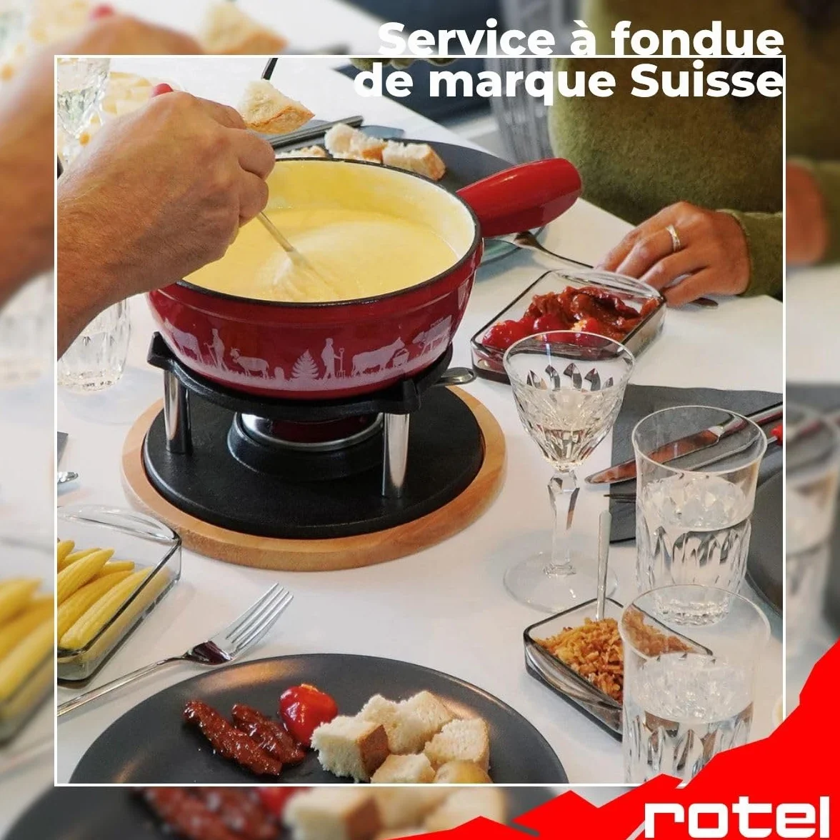Rotel 1510150 Service à fondue au fromage, fondue traditionnelle Suisse, 2L, 6 personnes, set à fondue, Fonte d'aluminium, Bois, Plastique, Emaille, 21 x 31 x 17,2 cm, diamètre 21 cm
