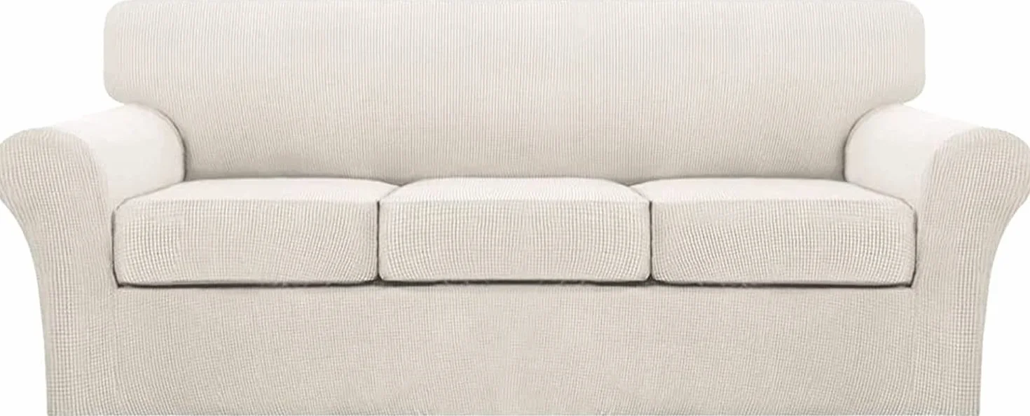 ESOUY Housse de canapé extensible en tissu jacquard élasthanne à carreaux Ivoire 3 places 182,9-243,8 cm