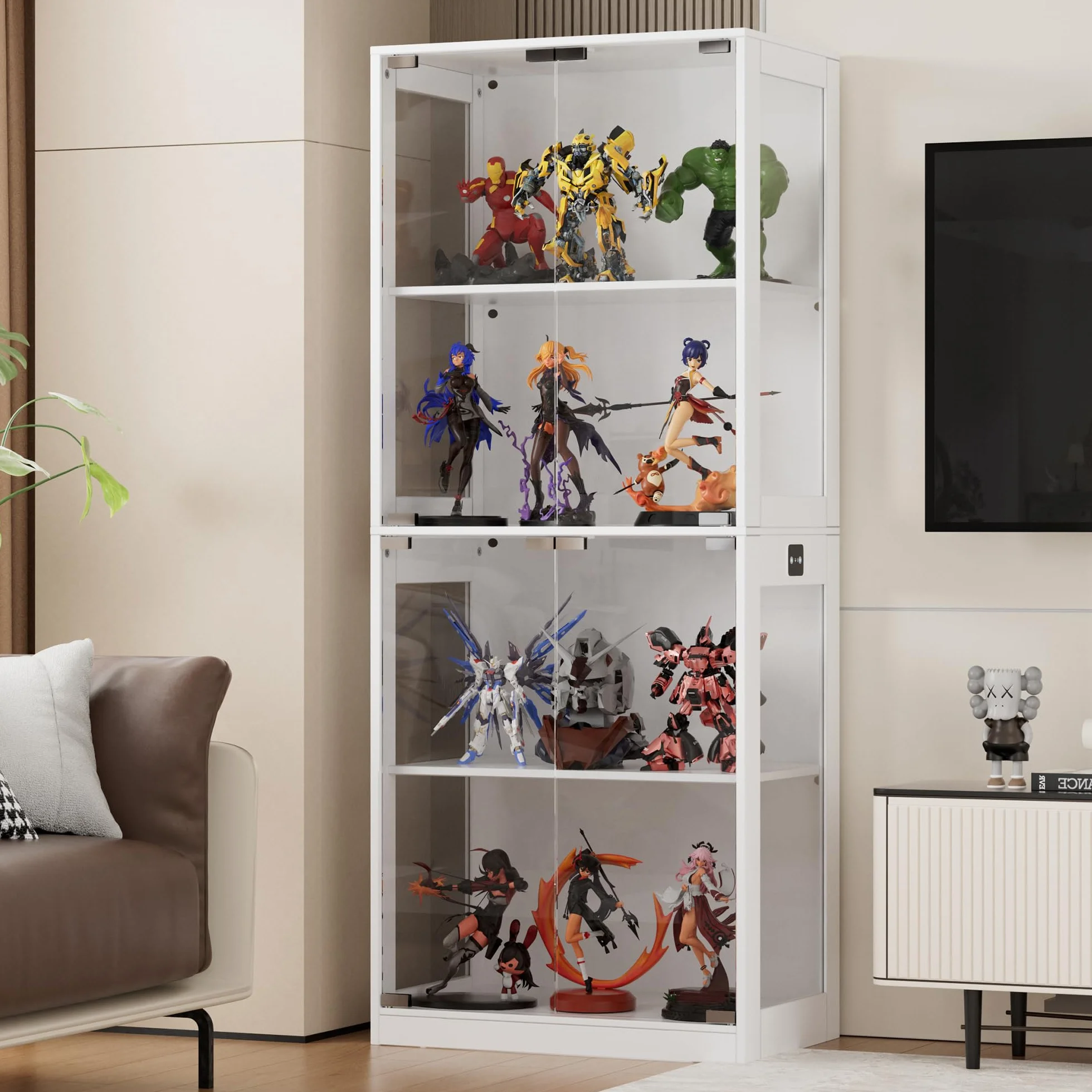 MSFE Vitrine en Verre avec LED, Vitrine pour Collection avec Capteur Intelligent, 4 Couches Multifonction en Verre Debout,Armoir Moderne, Armoire de Salon, Capacité de Charge par Couche: 15 kg, Blanc