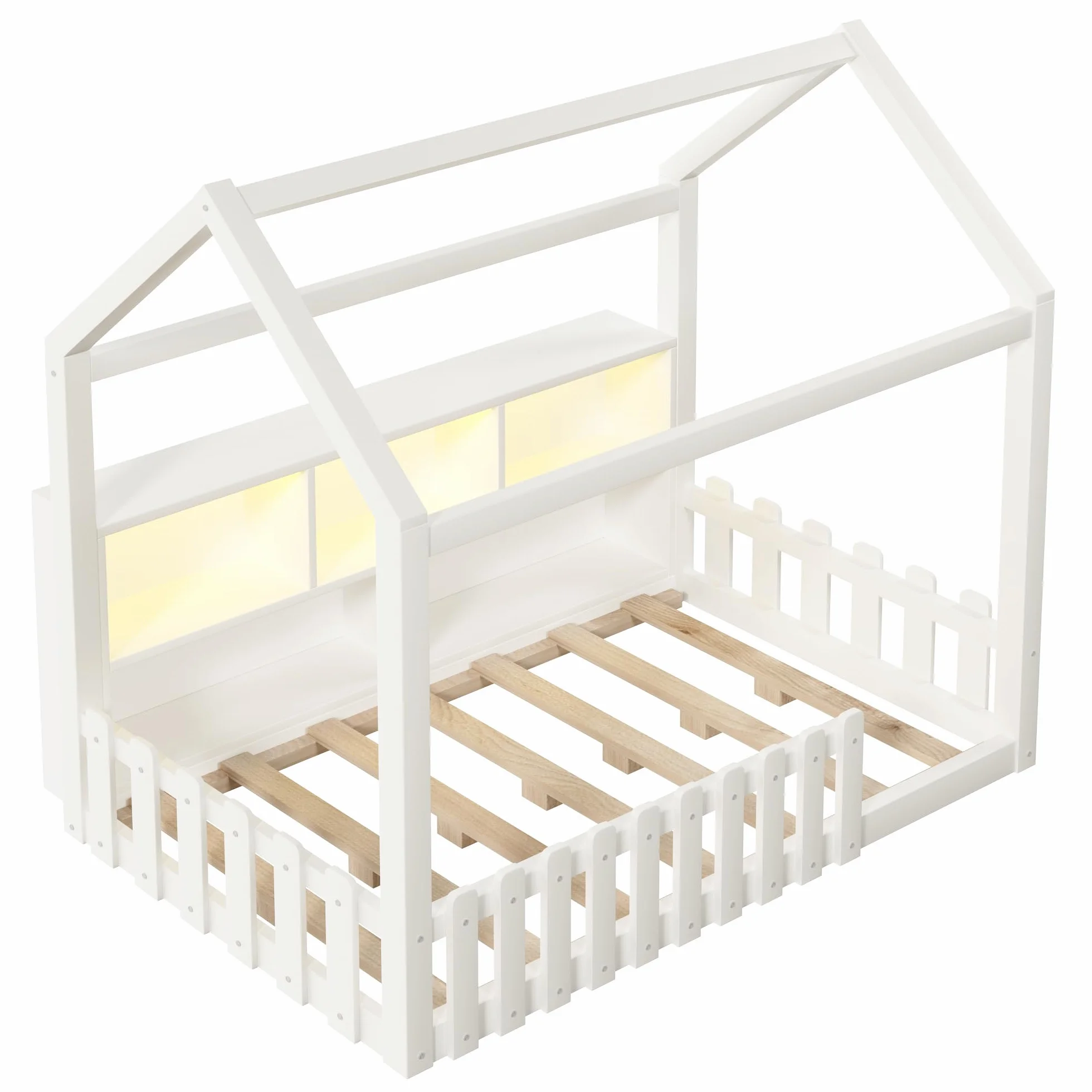 Sapgaks Lit Enfant avec éclairage LED,barrière de sécurité,Compartiments de Rangement Ouverts,lit cabane Enfants 90x 190 en pin,Cadre de lit 90 x 190 avec sommier à Lattes (Blanc 90x190)