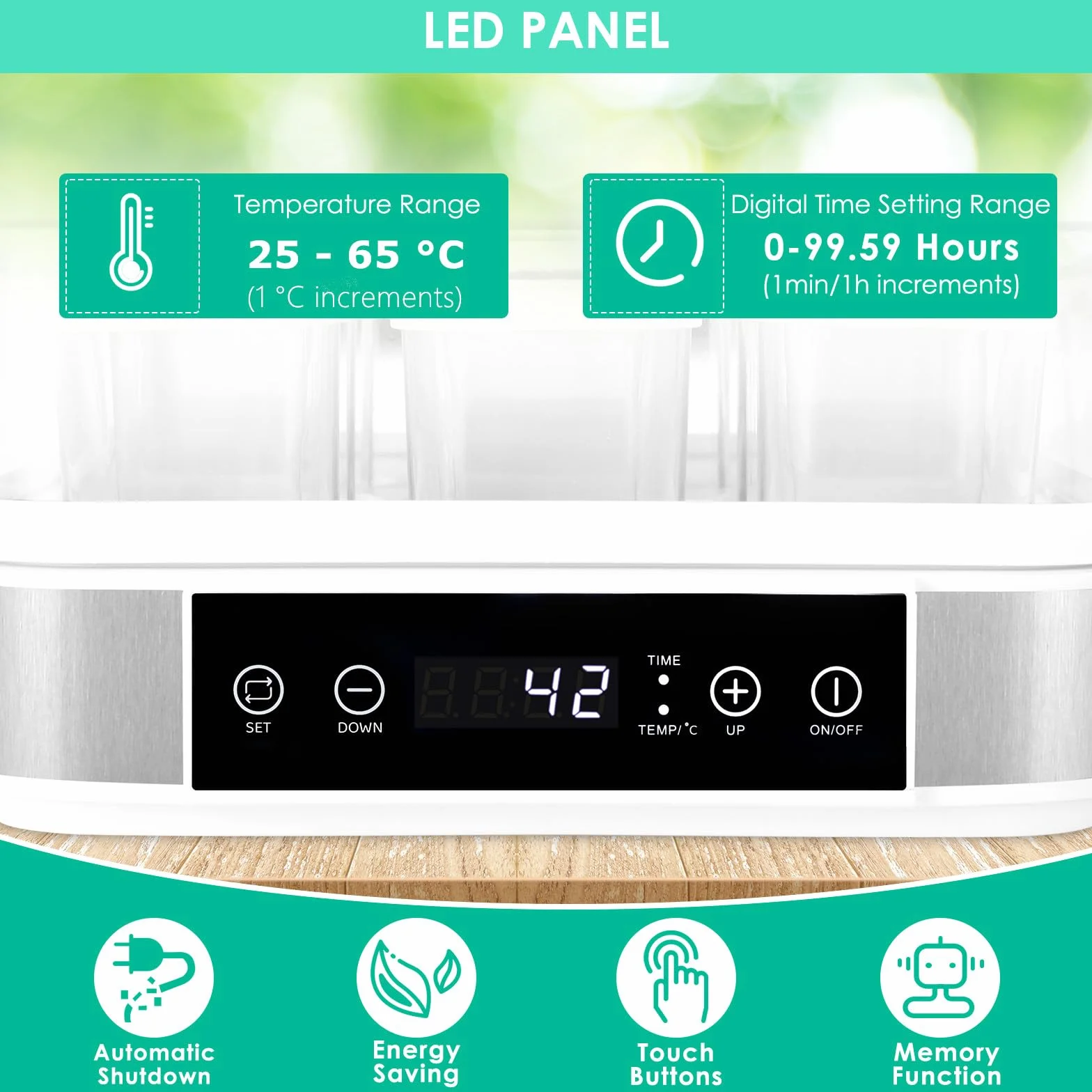 Yaourtière Électrique, Machine à Yaourt, Yaourtière Pratique et Compacte, avec Minuterie, Thermostat Réglable et Écran LED, avec 9 Pots en Verre de 170ml, sans BPA, 40 W
