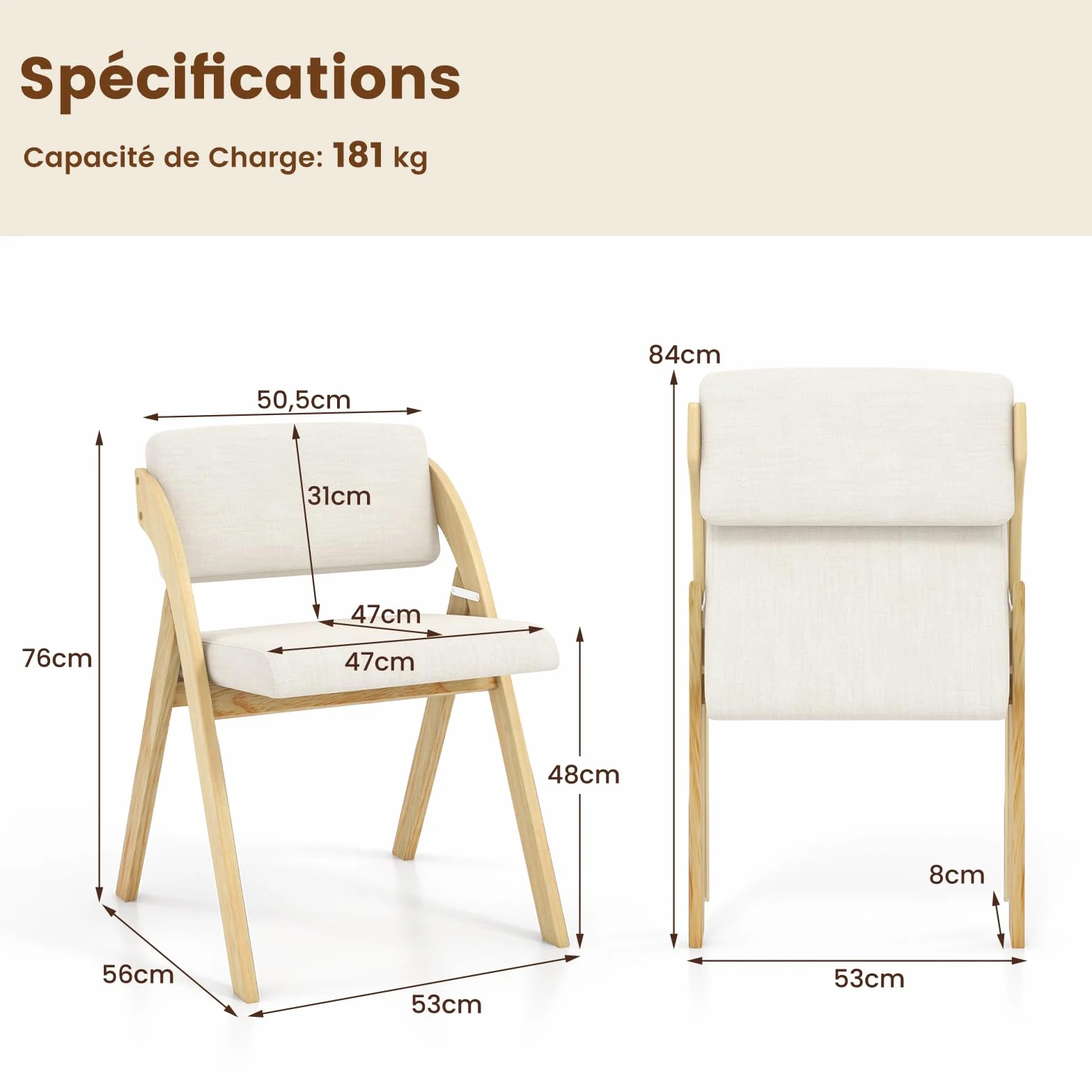 RELAX4LIFE Lot de 2 Chaise Pliante Bois, Chaise Salle a Manger avec Siège Rembourré, Housse en Lin, Chaise Pliable Interieur, Peu Encombrante, pour Cuisine, Salle à Manger, Bureau (1, Naturel+Beige)