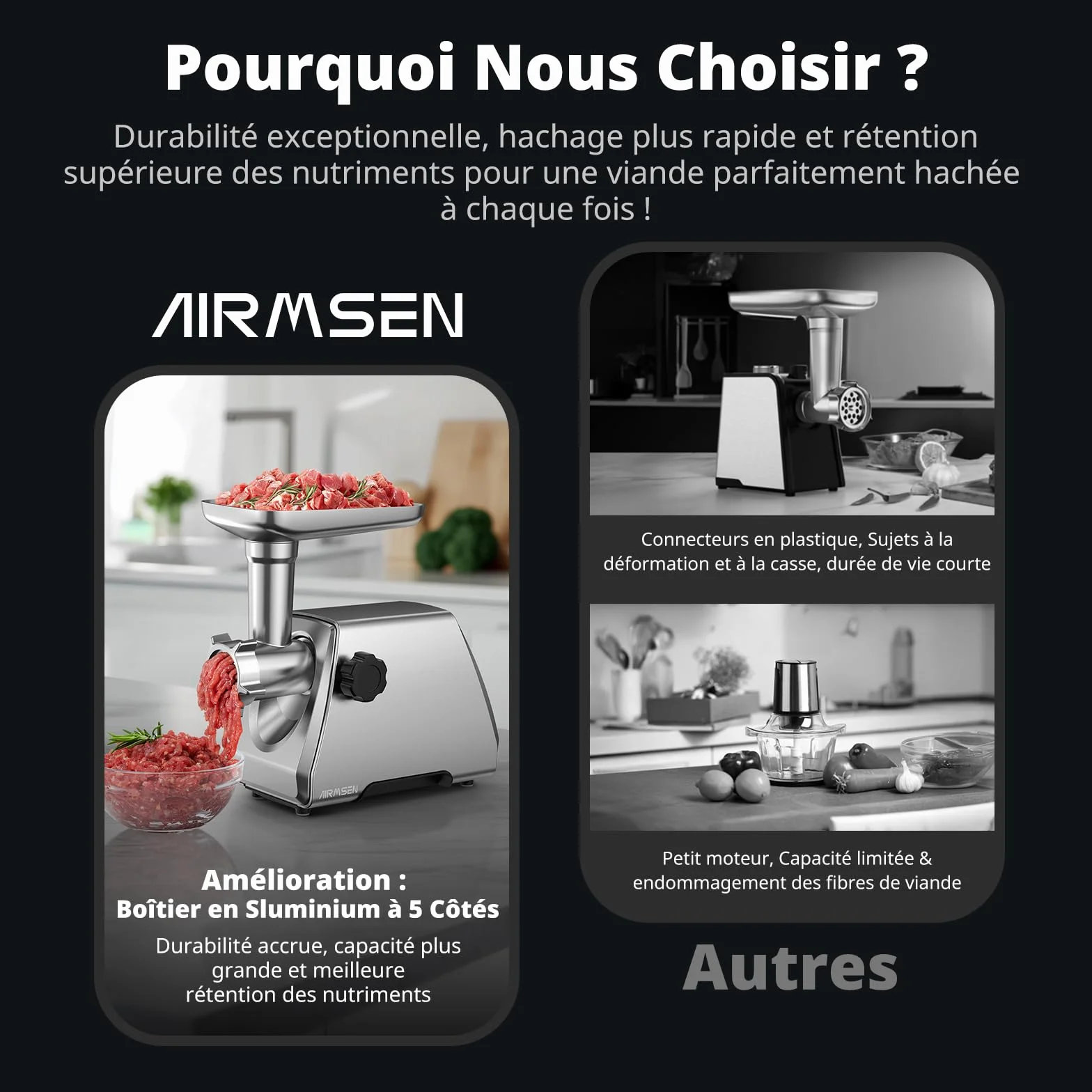 AIRMSEN Hachoir à Viande Électrique 3 en 1– Machine à Saucisses en Acier Inoxydable avec 3 Plaques, 2 Lames en Acier Inoxydable et Kit Kubbe – Rapide, Silencieux, Facile à Nettoyer pour Maison
