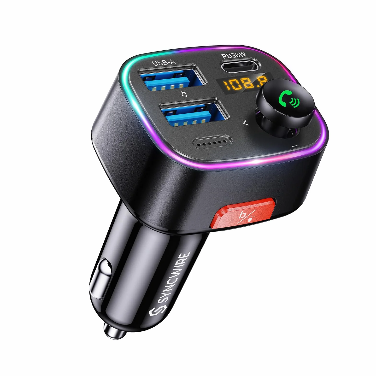 Syncwire Bluetooth 5.3 Fm Nadajnik Samochodowy - Ładowarka Samochodowa 48W (Pd 36W&12W) Adapter Samochodowy, Bezprzewodowy Odbiornik Radiowy, Wyświetlacz Led 64 Gb Usb Z Przełącznikiem Światła