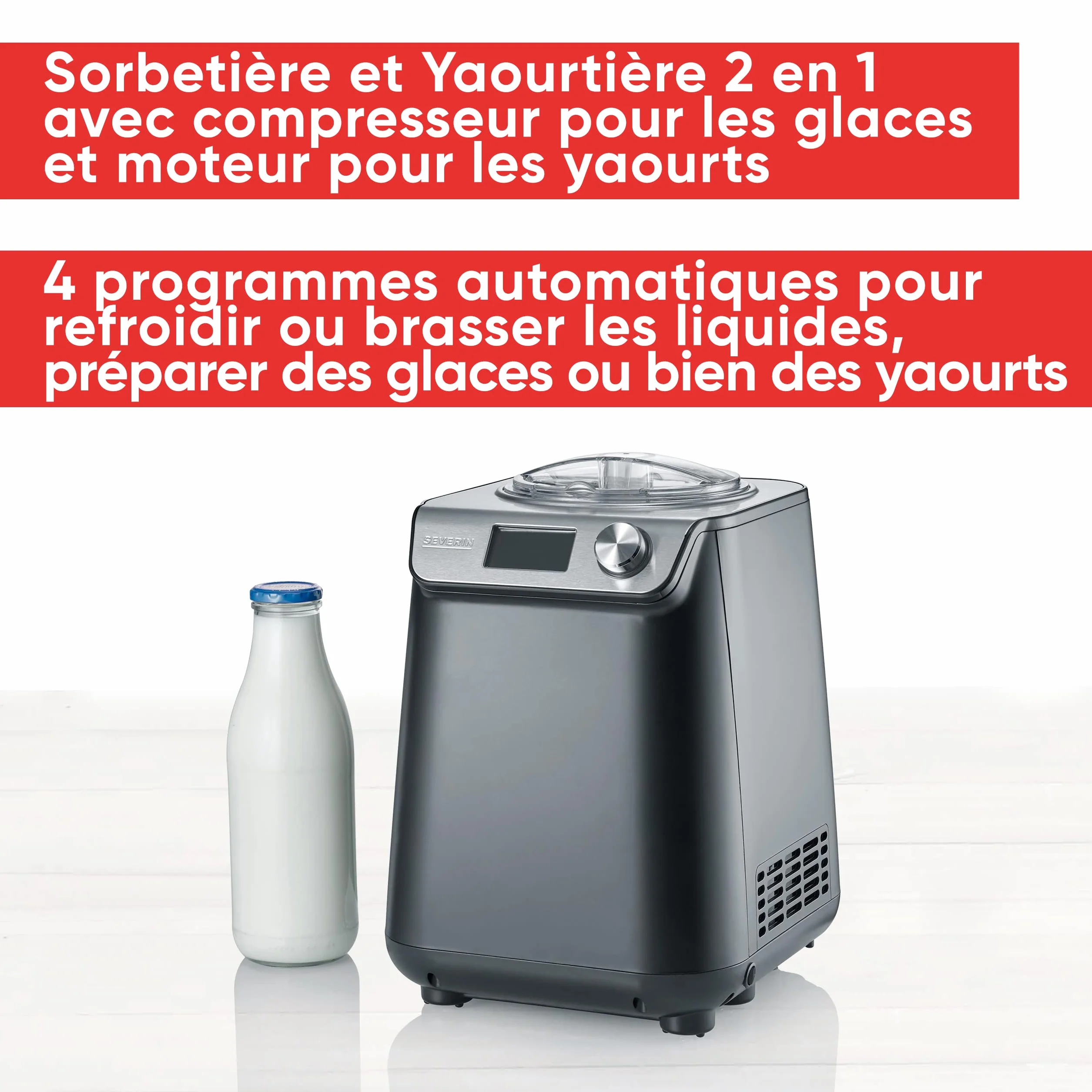 SEVERIN Sorbetière 2-en-1 Compacte 135 W, Sorbetière électrique et yaourtière d'une capacité 1,2 L, Machine à glace avec livre de recettes, noir, EZ 7407