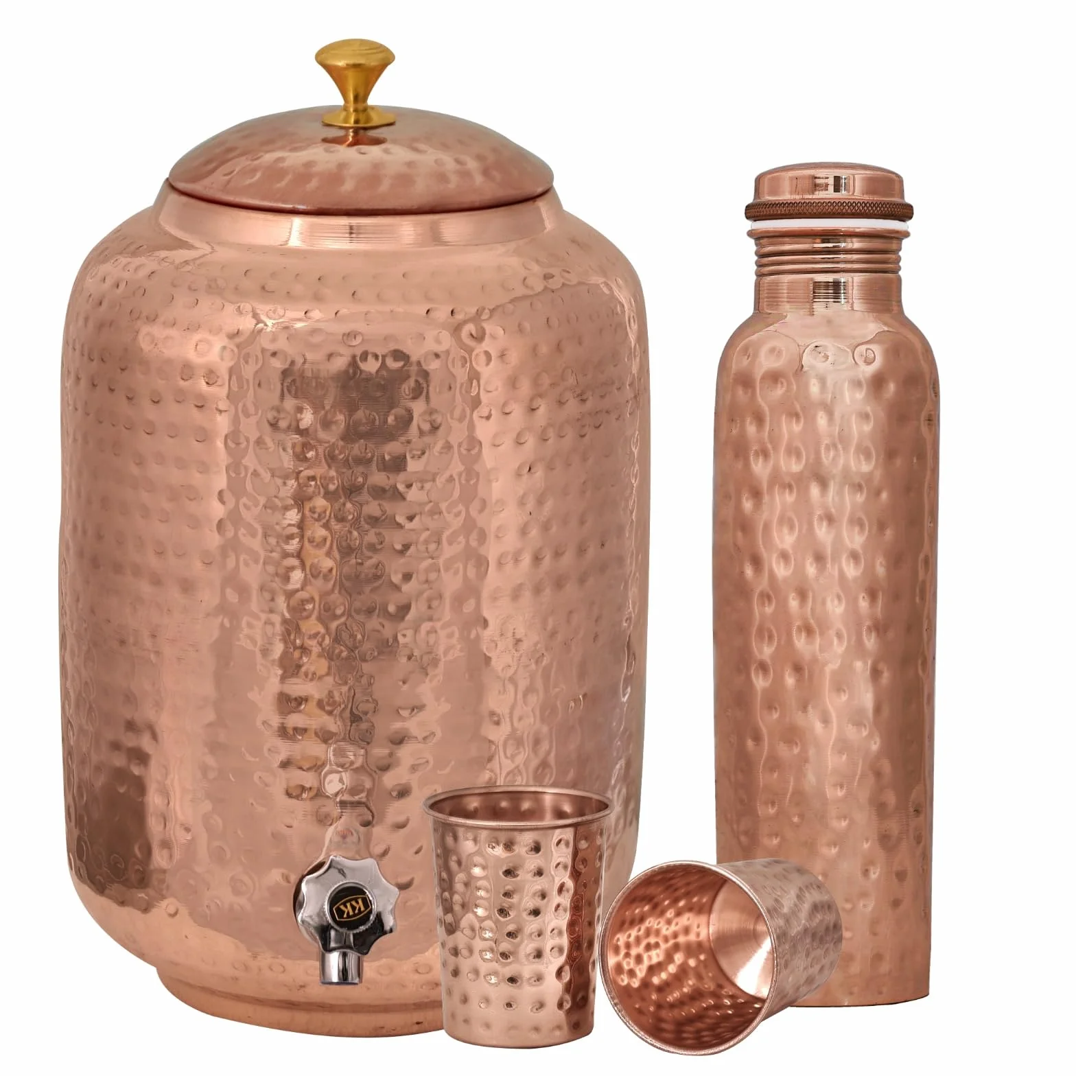 Distributeur d'eau en cuivre de 8 l et 2 verres avec bouteille d'eau, martelé à la main, hydratation ayurvédique