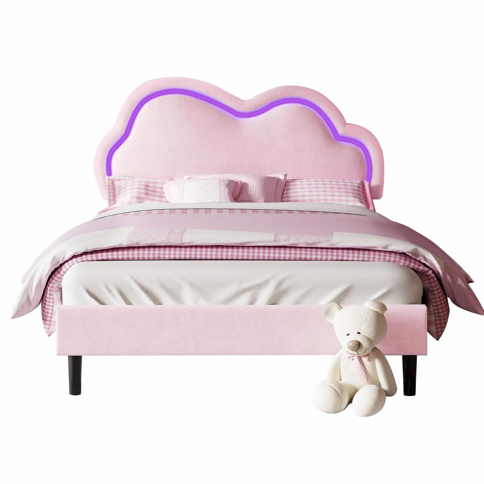 LUXOAK Cadre de lit 90 x 200 cm pour Fille, avec tête de lit en Forme de Nuage réglable, revêtement en Velours, éclairage RGB, Espace de Rangement de 18 cm sous Le lit, sans sommier, Couleur Rose