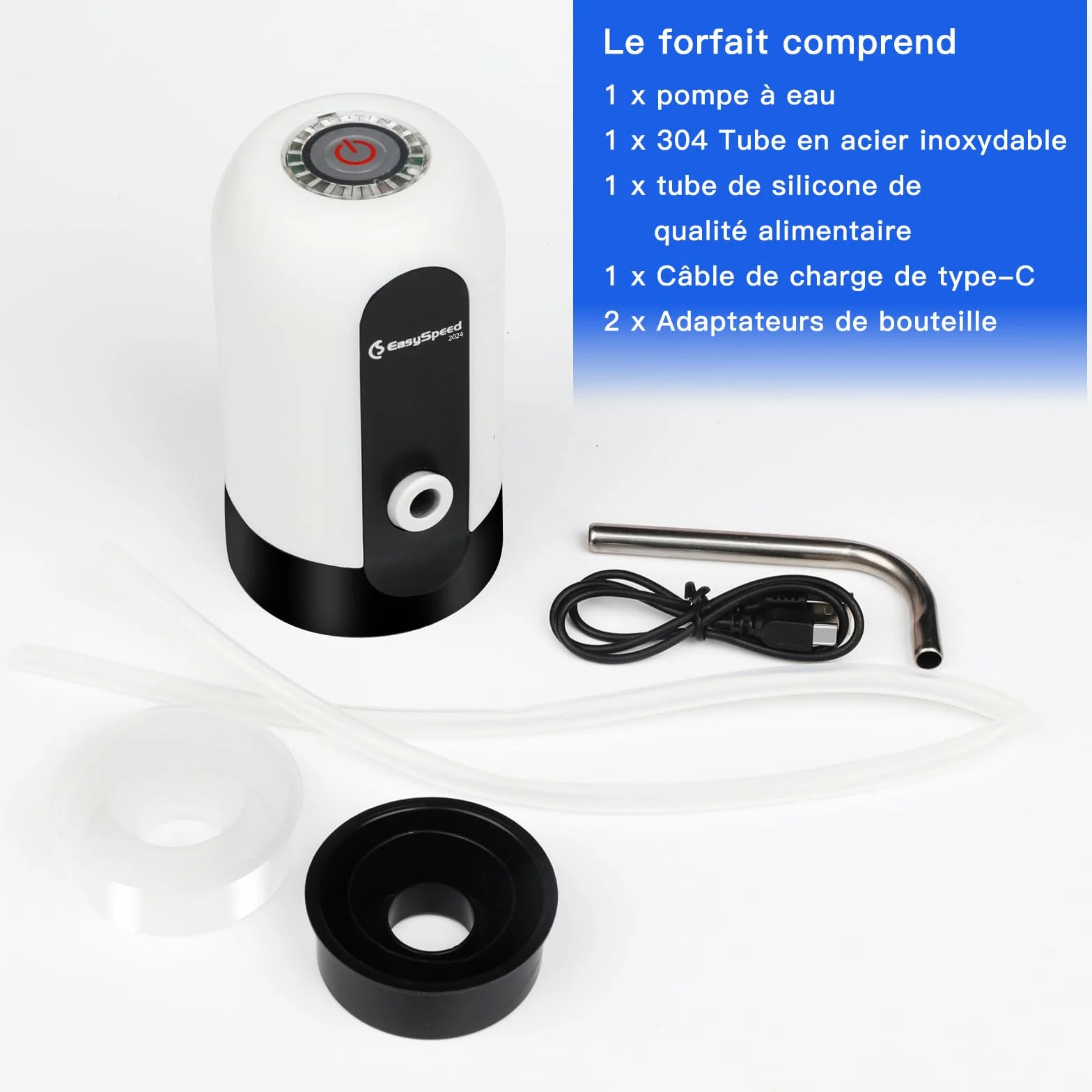 EASYSPEED Distributeur Eau Portable Rechargeable USB avec 2 Adaptateurs, Pompe Automatique, Camping Maison Bureau, Blanc