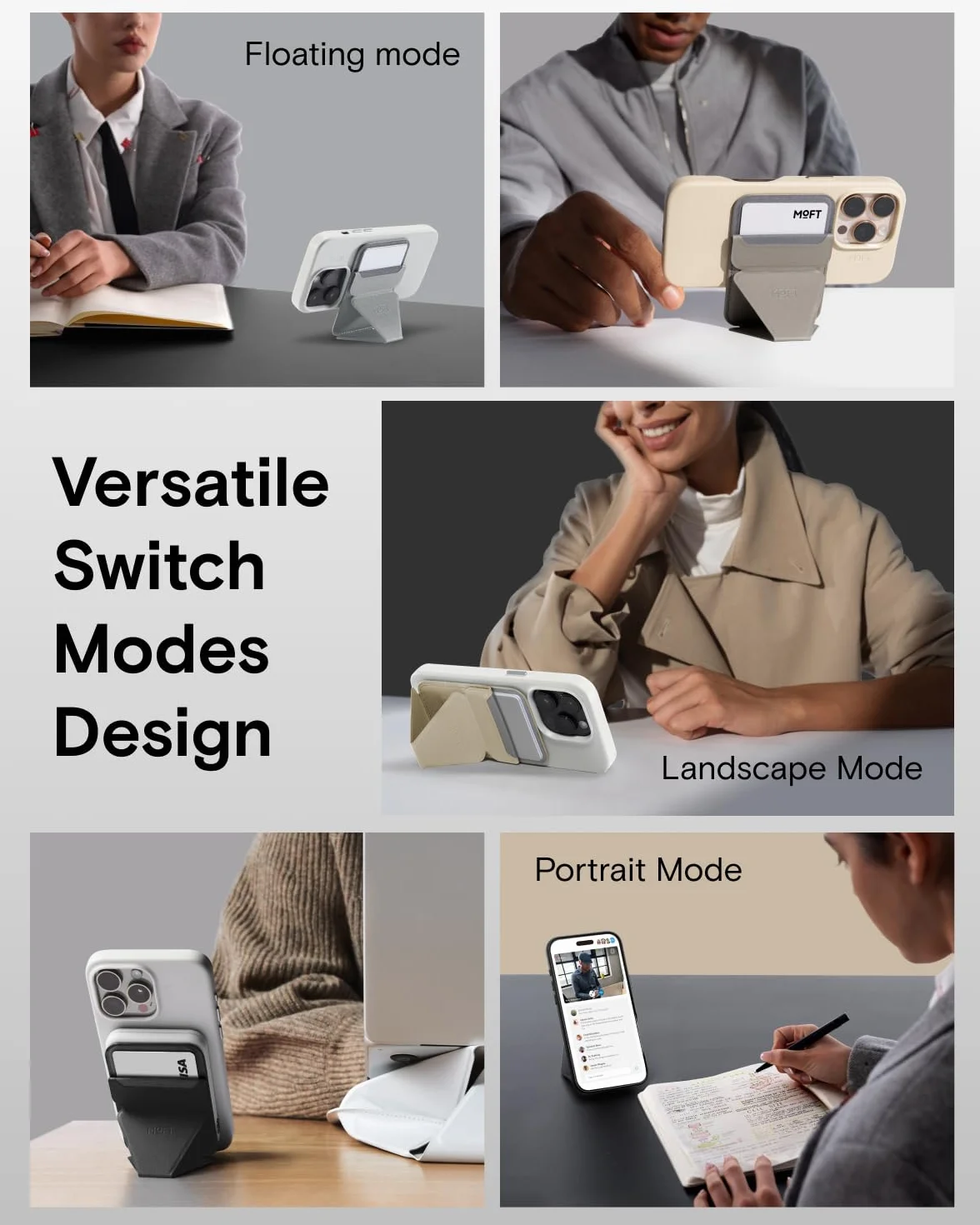 MOFT Magsafe uchwyt na karty iPhone 17/16/15/14/13/12, portfel Magsafe z MOVAS, skóra wegańska, mocny magnetyzm, 3-trybowy uchwyt na telefon komórkowy, 2 uchwyty na karty (zimnoszary)