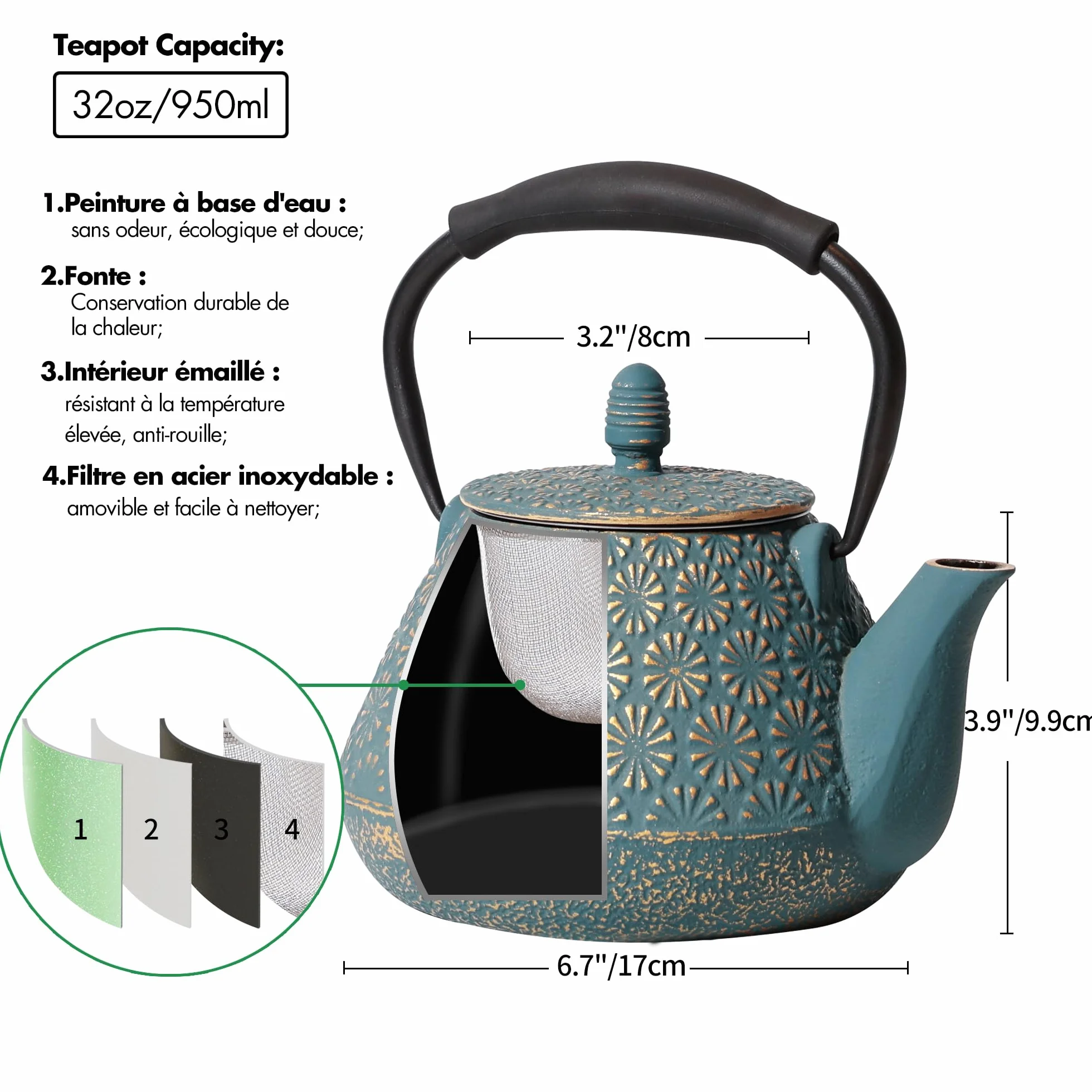 Théière en fonte japonaise à motif de sakura en émail, 950 ml, avec infuseur pour thé en feuille et café, poignée en silicone, sûre pour la cuisinière, 32 oz bleu