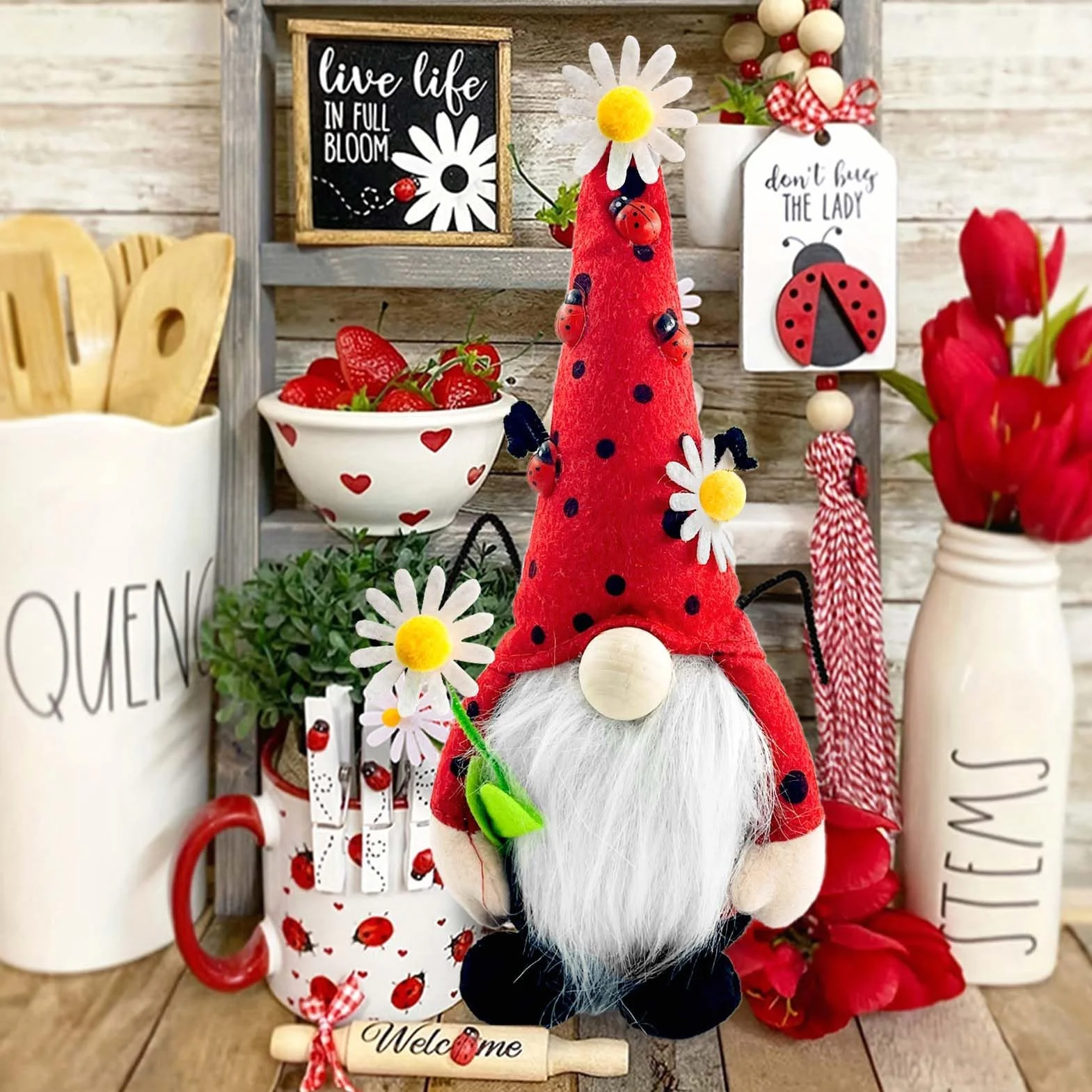 Lutin de Printemps Nain de Coccinelle Décoration Printemps Poupée Naine en Peluche sans Visage Faite à la Main