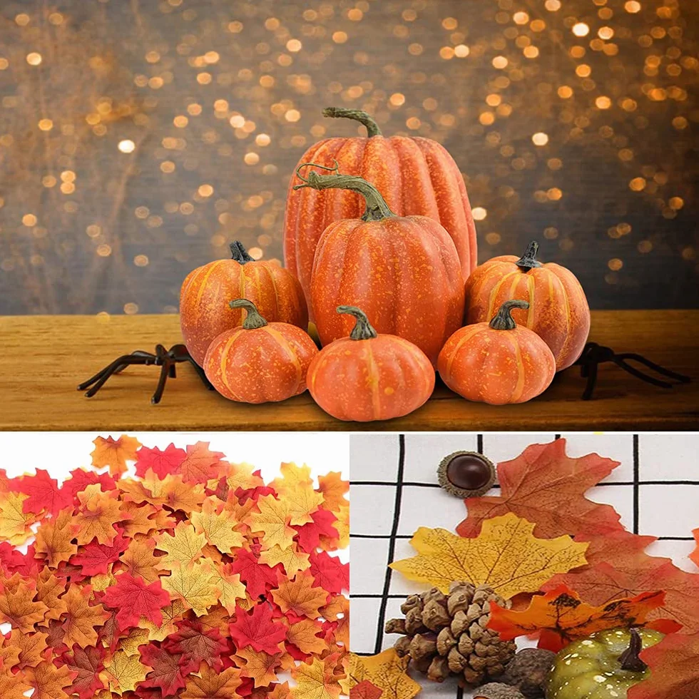 Ensemble de décoration d'automne citrouille artificielle grande taille feuilles d'érable pommes de pin glands