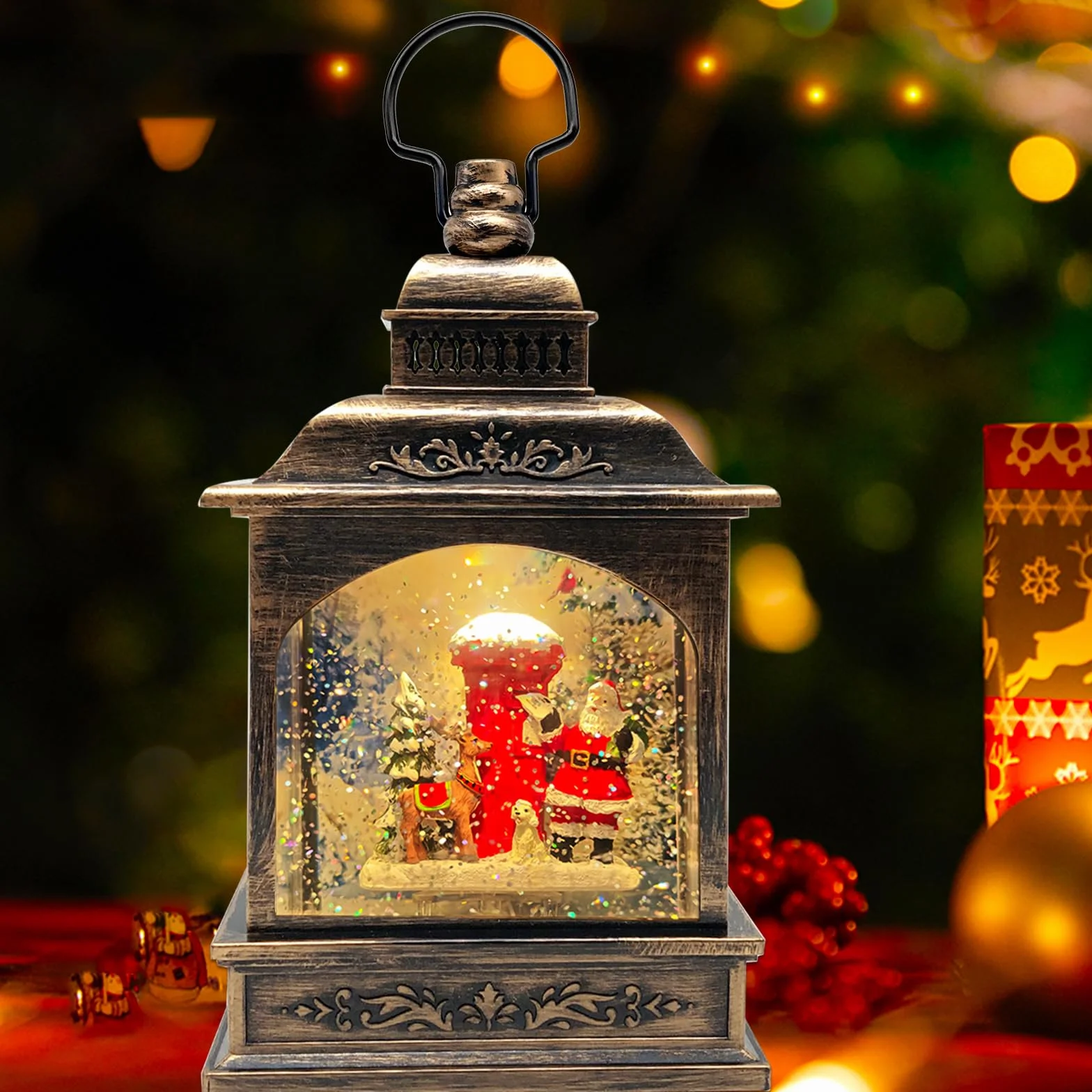 Lanterne Boule à Neige de Noël, illuminée et Musicale avec minuterie, Lanterne rotative du Père avec Projection, décoration de Scintillante, Cadeau (Père Noël + boîte aux Lettres)