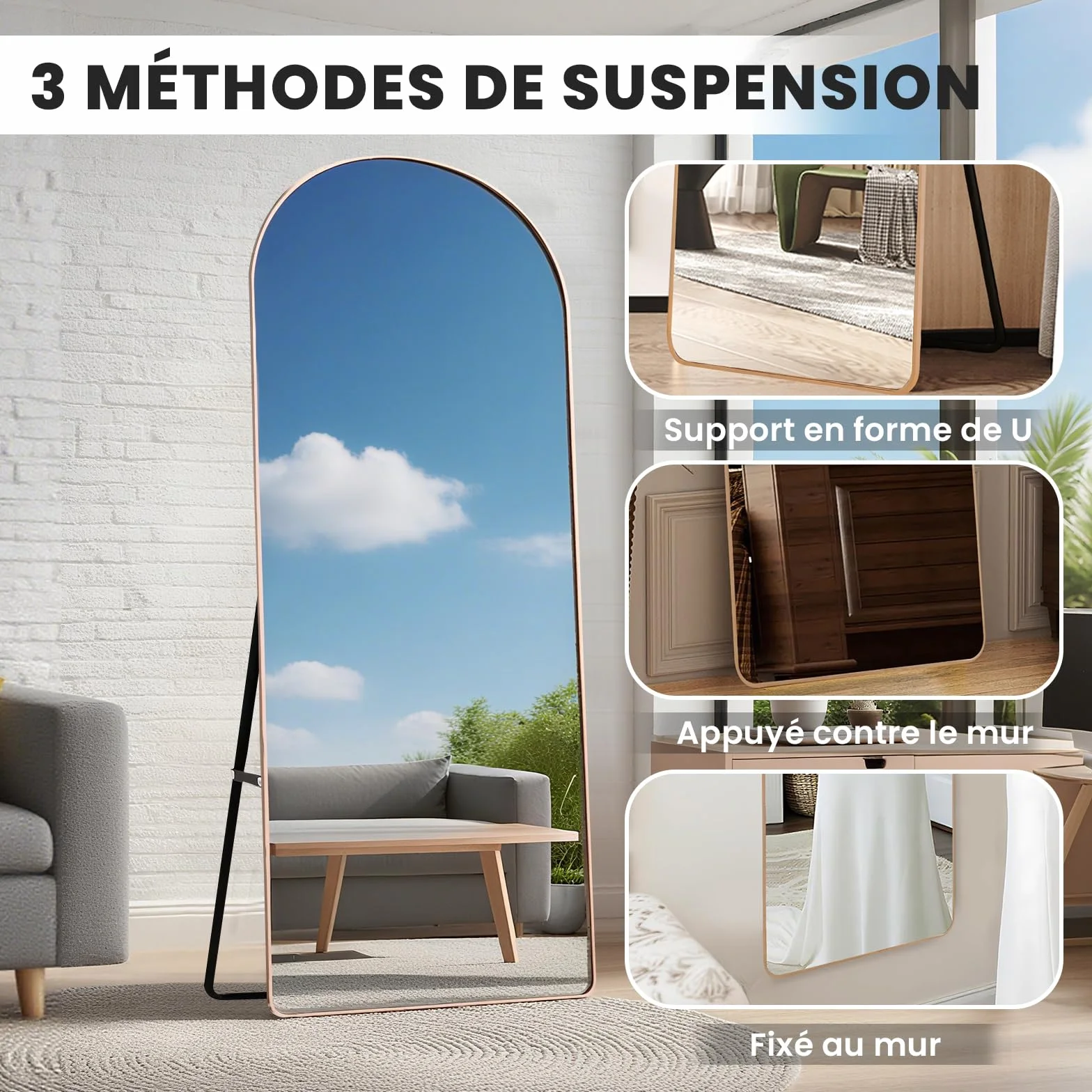 Miroir sur Pied 160x50cm Doré Arché Verre Trempé Grand Miroir Mural XXL Salon Chambre