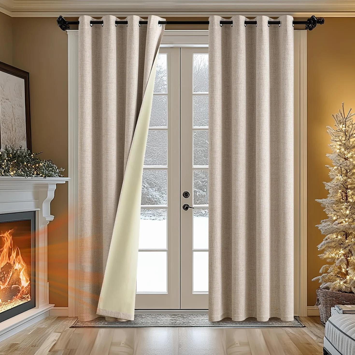 MIULEE Rideaux Opaques Thermiques avec Oeillets Lin 100% Opaques Lot de 2, 140 x 225 cm Beige